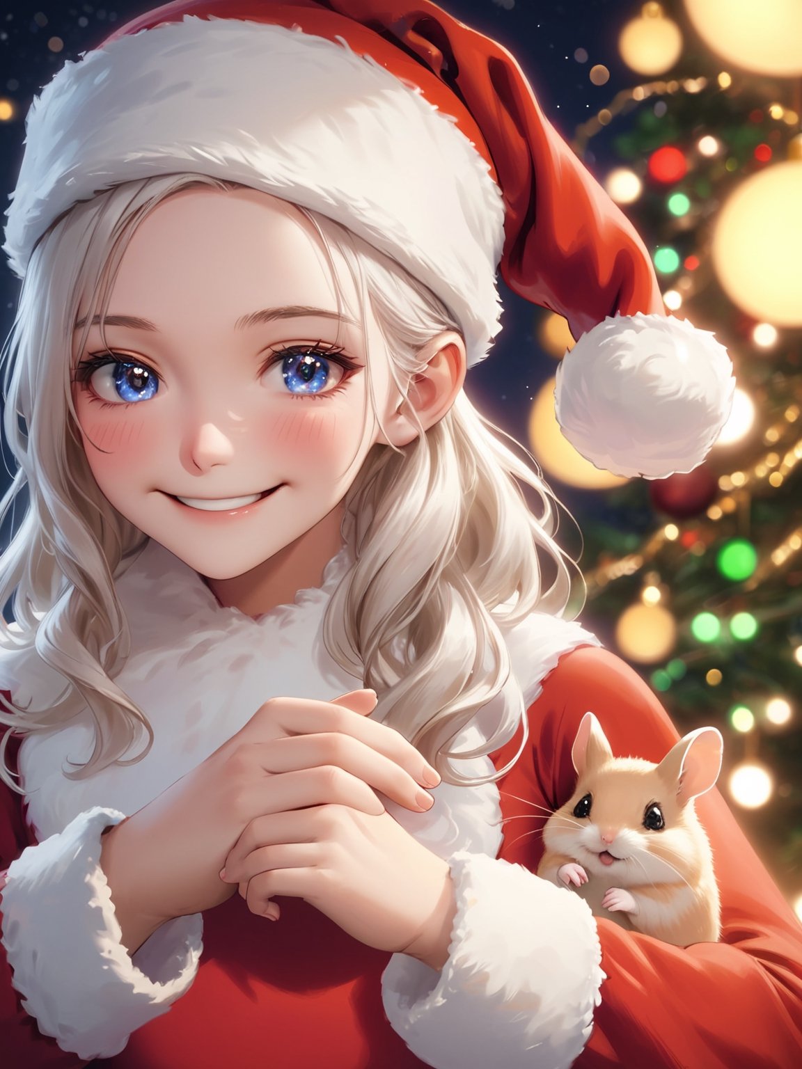 ultra realistic 8k cg, cinematic lighting, cool face, cool eyes, Santa playing with a hamster, sloppy smile