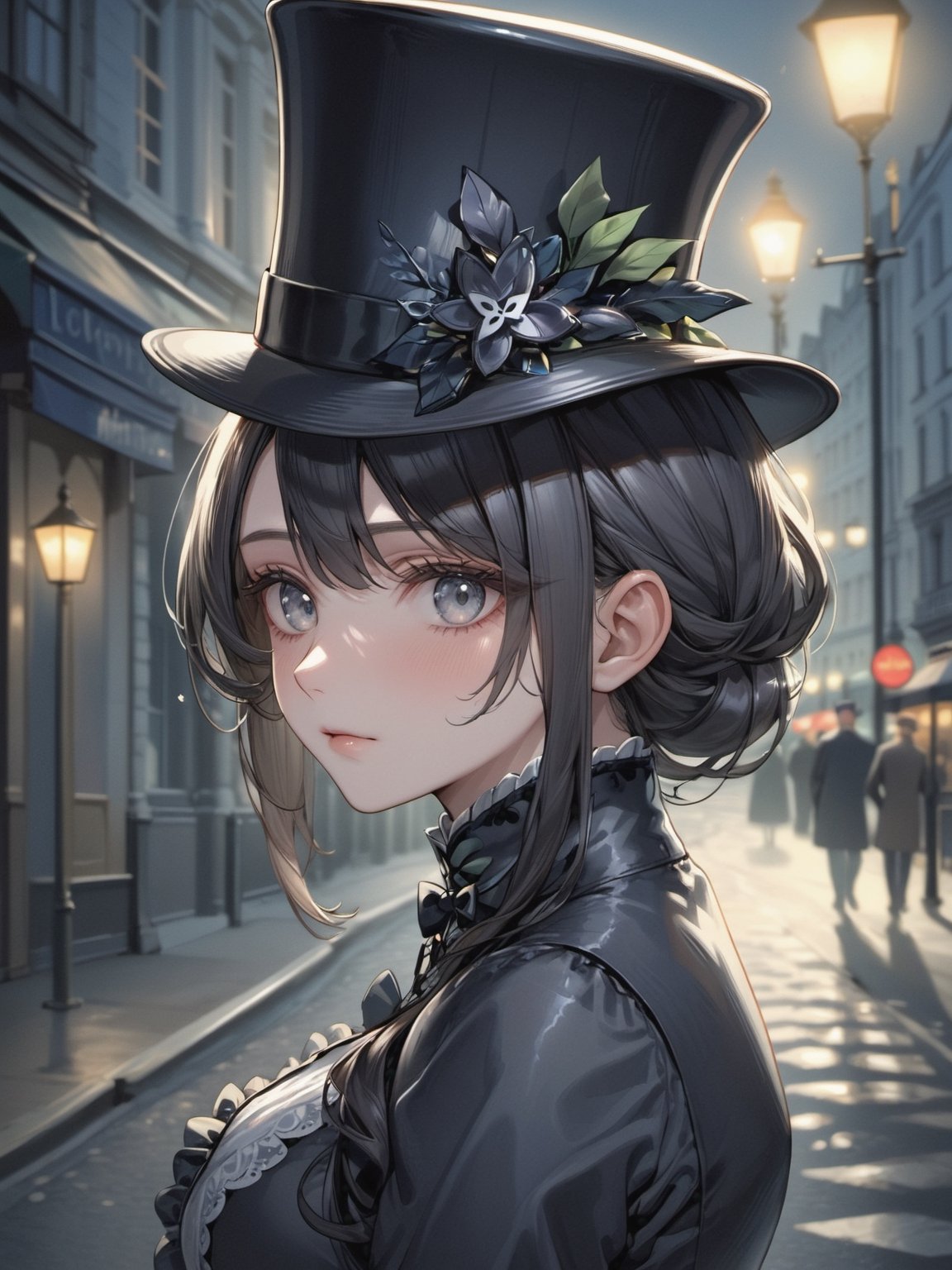 (Masterpiece, Best quality), (exterior night, image of a man, thin with very marked cheekbones, an aquiline nose and penetrating gray eyes, wearing elegant Victorian-era clothing, black clothes, a very dark gray top hat, outside at night on the street of old London) (finely detailed eyes), (finely detailed eyes and detailed face), (Extremely detailed CG, Ultra detailed, Best shadow), Beautiful conceptual illustration, full body, (illustration), (extremely fine and detailed), (Perfect details), (Depth of field)