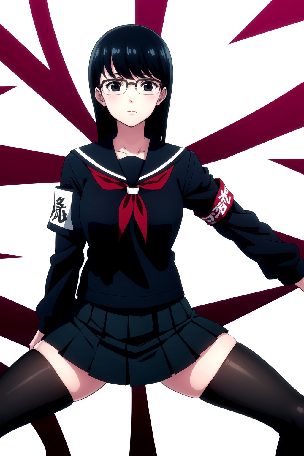 //Quality,
masterpiece, best quality
,//Character,
1girl, solo
,//Fashion, 
,//Background,
white_background
,//Others,
,spread legs, 
,kyouko kuroyuri, long hair, black hair, (black eyes:1.5), glasses, skirt, school uniform, pantyhose, pleated skirt, serafuku, armband, (black shirt:1.2)