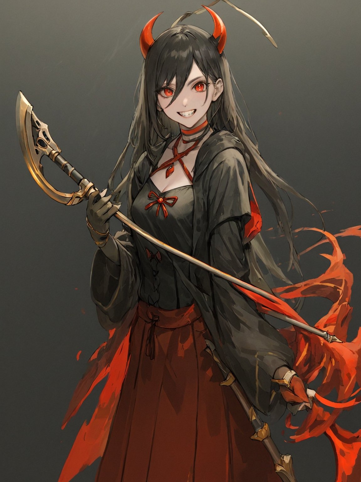 //Quality,
photo r3al, detailmaster2, masterpiece, photorealistic, 8k, 8k UHD, best quality, ultra realistic, ultra detailed, hyperdetailed photography, real photo
,//Character,
1girl, solo
,//Fashion,
,//Background,
,//Others,
sharp teeth, grin, holding scythe, red scythe