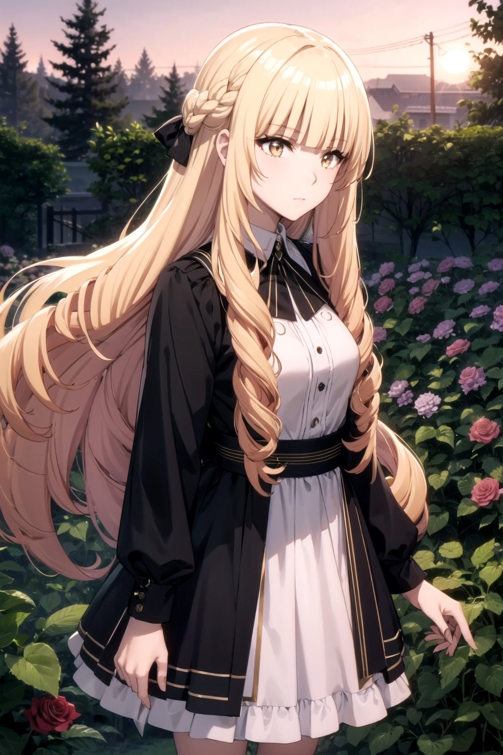 //Quality,
masterpiece, best quality
,//Character,
1girl, solo
,//Fashion,
,//Background,
night, black Rose garden
,//Others,
,rose, blonde hair, dress