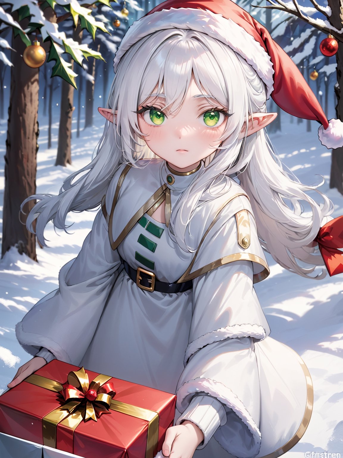 //Quality,
photo r3al, detailmaster2, masterpiece, photorealistic, 8k, 8k UHD, best quality, ultra realistic, ultra detailed, hyperdetailed photography, real photo, photorealistic, 8k, 
//Character,
cool snowman, realistic eyes, detailed face, upper body, facing viewer, (closeup), frieren, white hair, green eyes, long hair, pointy ears, parted bangs, 
//Fashion,
santa_hat, 
//Background,
winter, outdoor, daylight, 
//Others,
,(christmas gift:1.5),