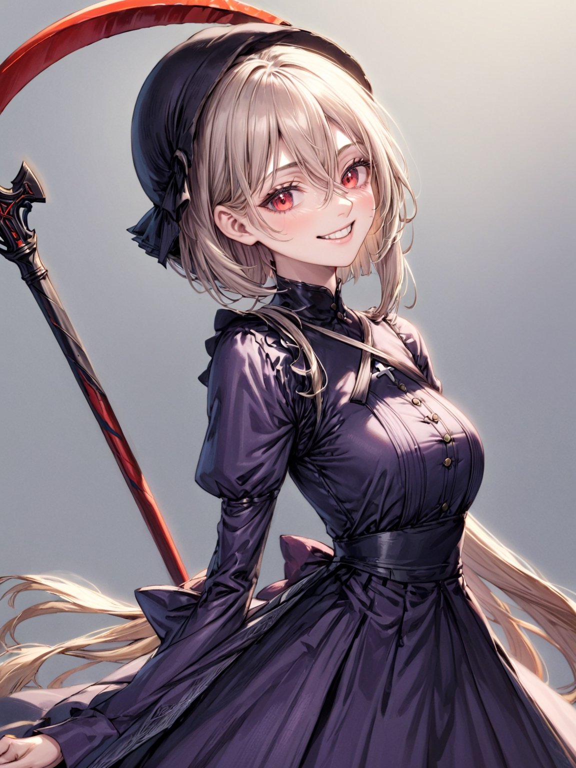 //Quality,
photo r3al, detailmaster2, masterpiece, photorealistic, 8k, 8k UHD, best quality, ultra realistic, ultra detailed, hyperdetailed photography, real photo
,//Character,
1girl, solo
,//Fashion,
,//Background,
,//Others,
,powerdef, sharp teeth, grin, holding scythe, red scythe, cross-shaped pupils