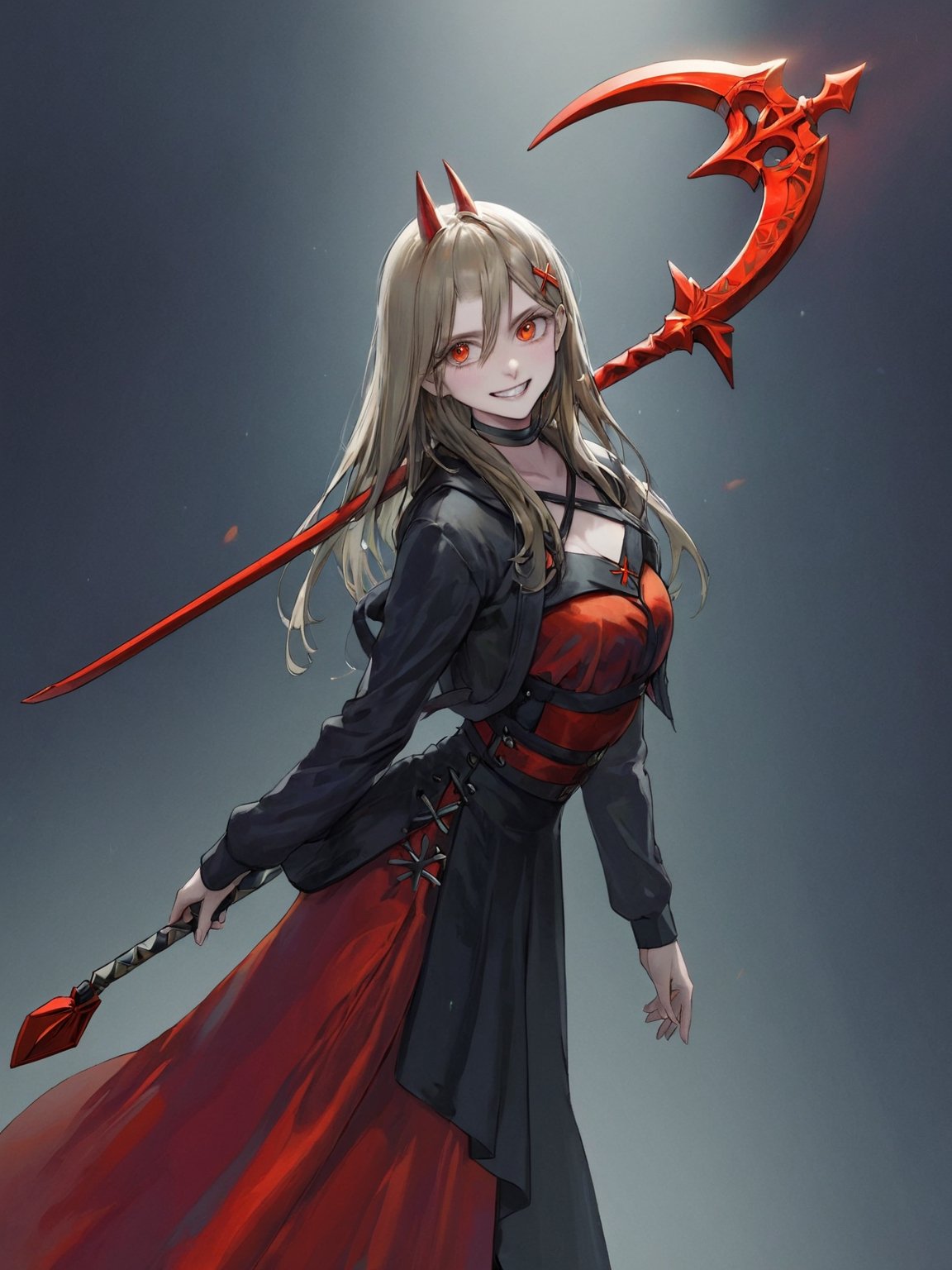 //Quality,
photo r3al, detailmaster2, masterpiece, photorealistic, 8k, 8k UHD, best quality, ultra realistic, ultra detailed, hyperdetailed photography, real photo
,//Character,
1girl, solo
,//Fashion,
,//Background,
,//Others,
,powerdef, sharp teeth, grin, holding scythe, red scythe, cross-shaped pupils