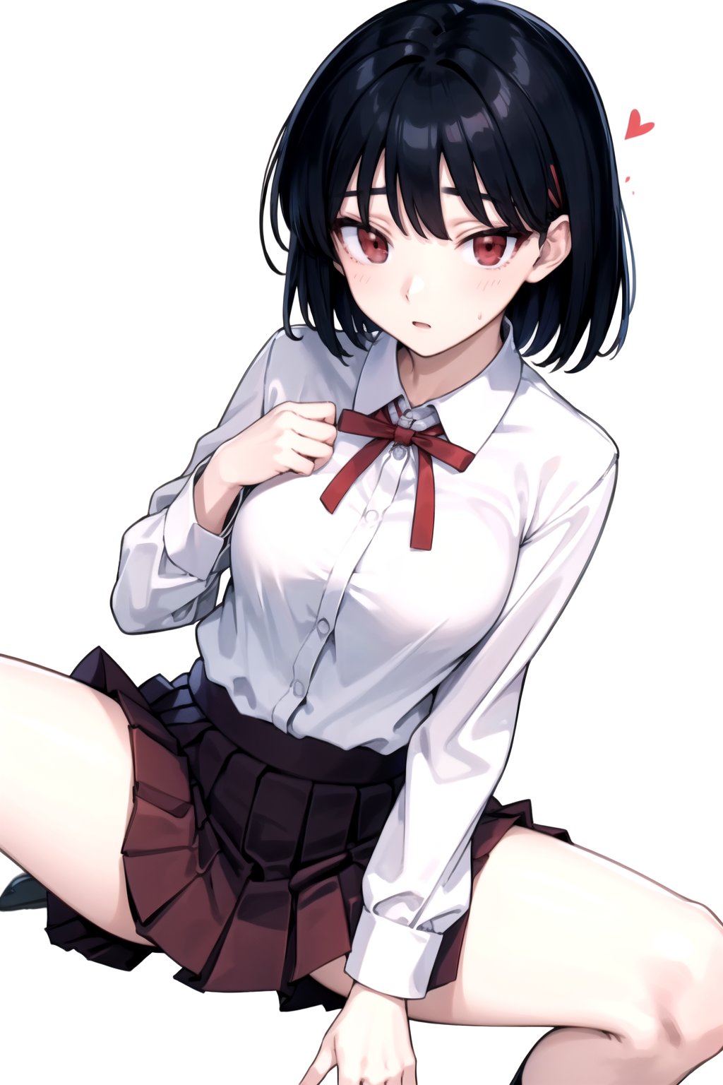 //Quality,
masterpiece, best quality
,//Character,
1girl, solo
,//Fashion, 
,//Background,
white_background
,//Others,
,spread legs, 
,yakumo tsukamoto, short hair, black hair, (red eyes:1.3),BREAK skirt, shirt, long sleeves, bow, ribbon, school uniform, white shirt, pleated skirt, collared shirt, bowtie, red ribbon, neck ribbon, red skirt