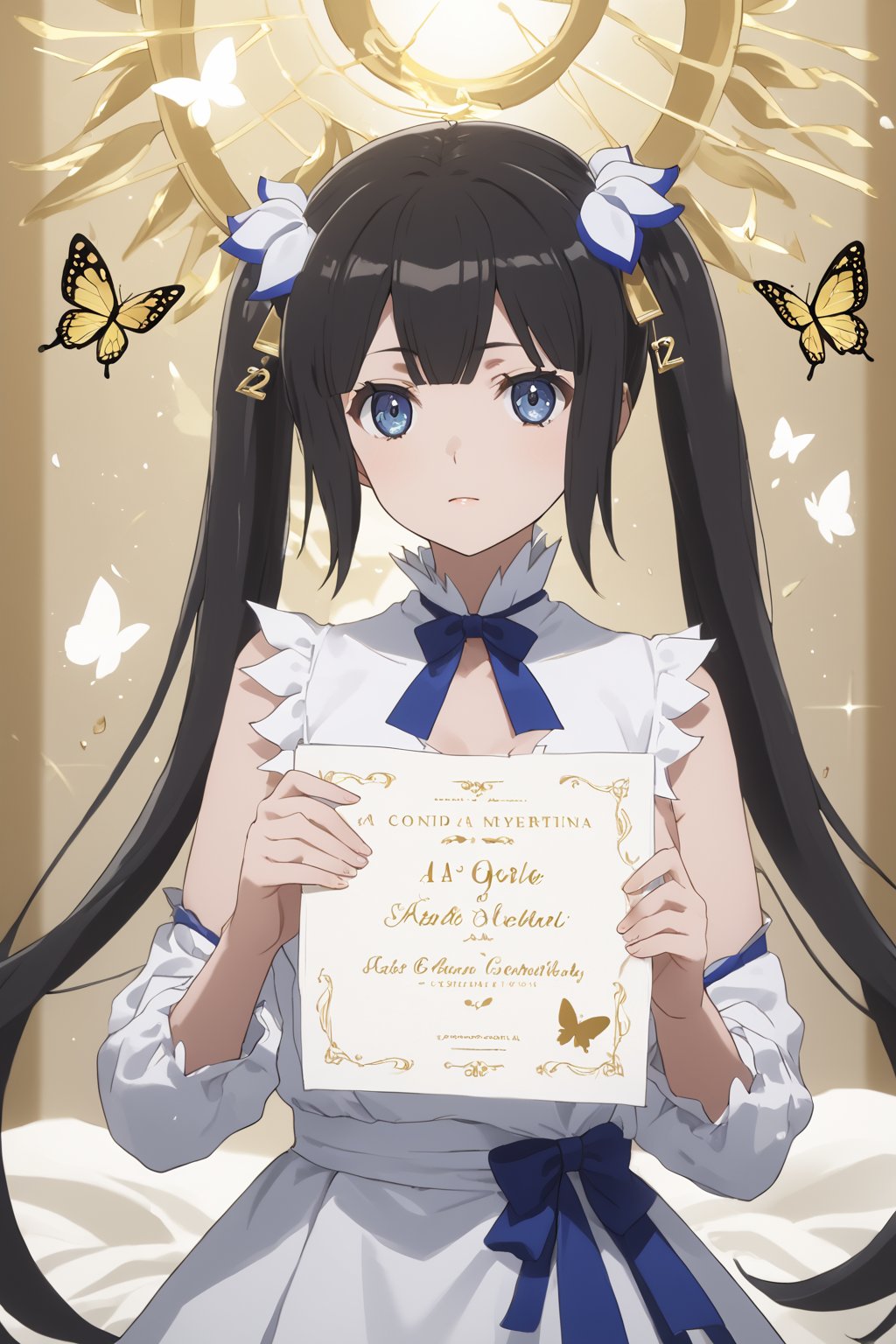 masterpiece, best quality, highres
,//Character, 
1girl,hestia, black hair, blue eyes,
twin tails/long hair, hair ornament
,//Fashion, 

,//Background, 
,//Others, ,Expressiveh, 
A mysterious girl with golden hair and eyes, holding an ornate golden butterfly in her palm, surrounded by floating text and numbers.