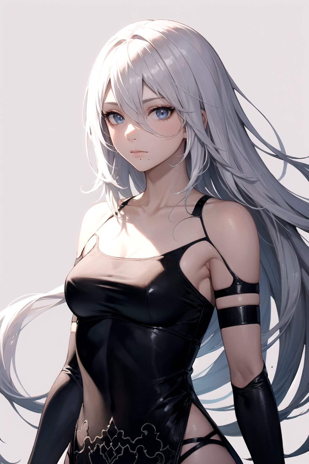 //Quality,
masterpiece, best quality
,//Character,
1girl, solo
,//Fashion,
,//Background,
white_background, simple_background, blank_background
,//Others,
,phSaber, ,a2_nierautomata, gloves, black gloves, elbow gloves, mole, tank top, hair between eyes, white hair, full_body