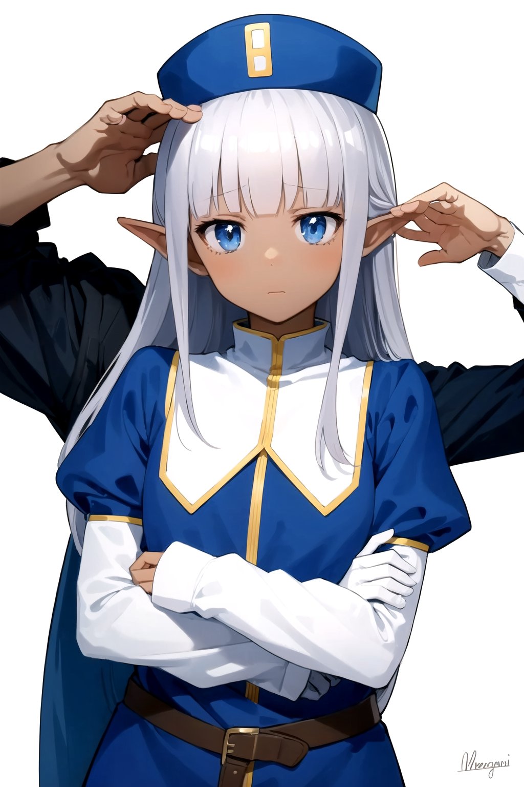 masterpiece, best quality
,//Character,
1girl, solo
,//Fashion, 
,//Background,
white_background, simple_background, blank_background
,//Others,
,Karla (kono healer mendokusai), white_hair, dark skin, dark-skinned female, blue headwear, leather_belt, blue_pants, tunic, blue_tunic, stole, blue_sleeves, white_gloves, blue_eyes, elf_ears, straight_hair, hime_cut, and blunt_bangs