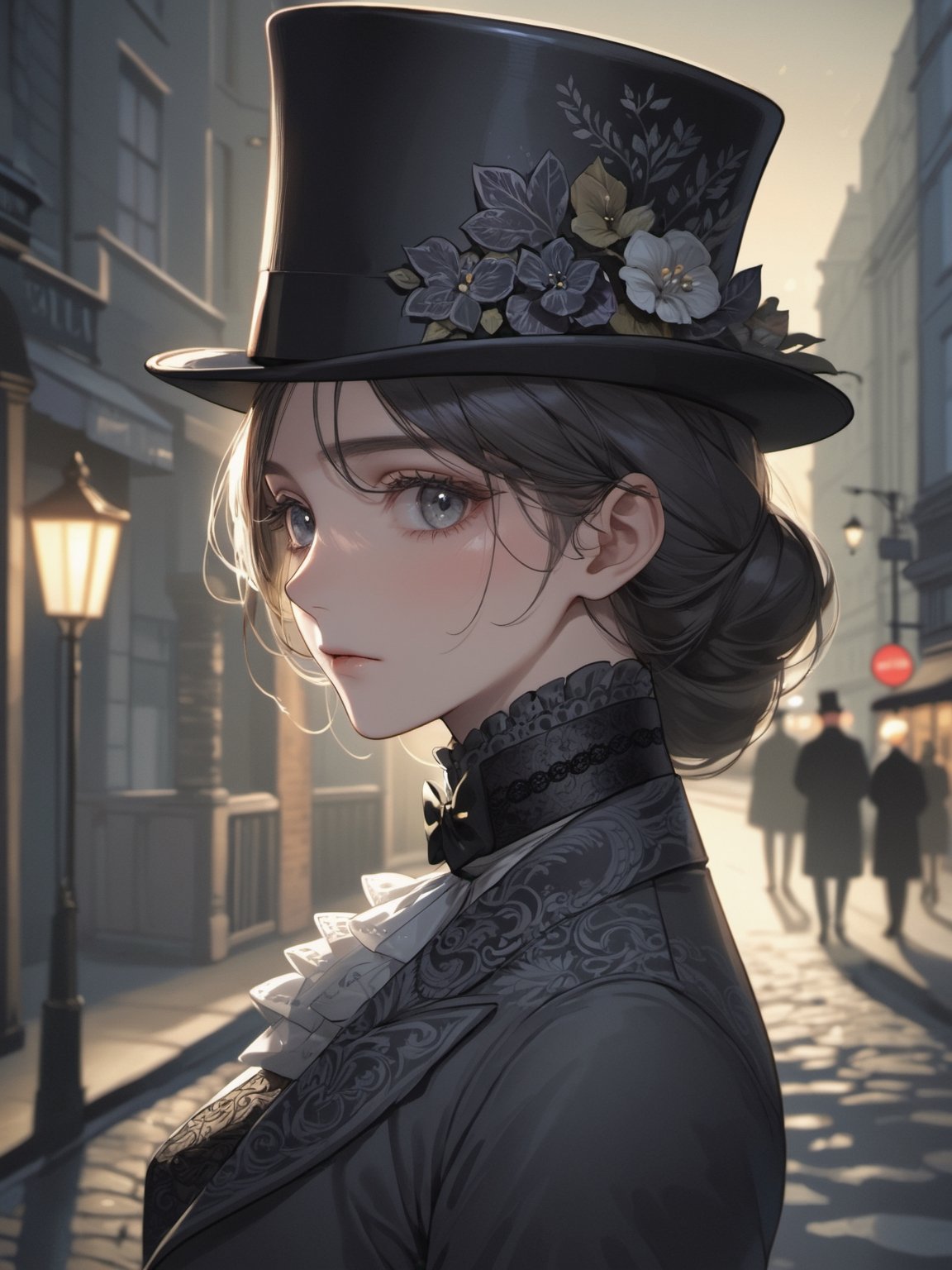 (Masterpiece, Best quality), (exterior night, image of a man, thin with very marked cheekbones, an aquiline nose and penetrating gray eyes, wearing elegant Victorian-era clothing, black clothes, a very dark gray top hat, outside at night on the street of old London) (finely detailed eyes), (finely detailed eyes and detailed face), (Extremely detailed CG, Ultra detailed, Best shadow), Beautiful conceptual illustration, full body, (illustration), (extremely fine and detailed), (Perfect details), (Depth of field)