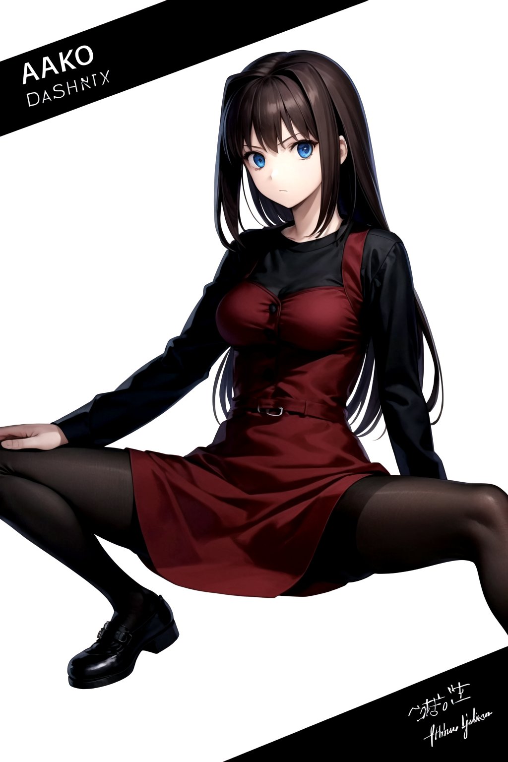 //Quality,
masterpiece, best quality
,//Character,
1girl, solo
,//Fashion, 
,//Background,
white_background
,//Others,
,spread legs, 
,aaaoko, long hair, brown hair, black shirt, red dress, long sleeves, black pantyhose