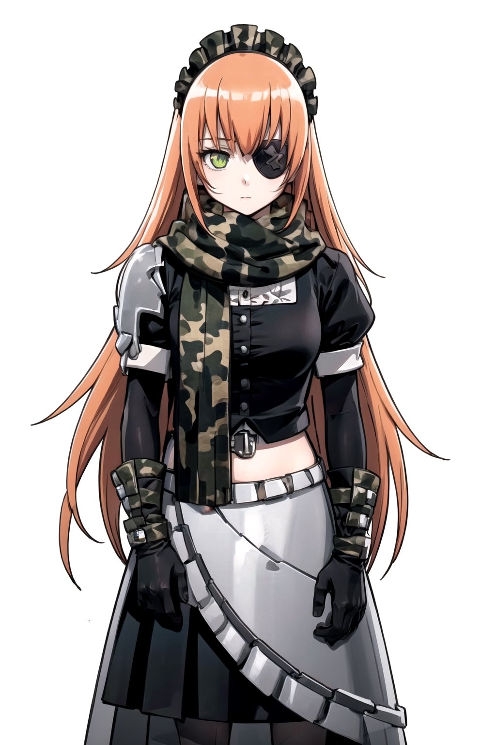 //Quality,
masterpiece, best quality
,//Character,
1girl, solo
,//Fashion,
,//Background,
white_background, simple_background
,//Others,
,cz2128 delta, eyepatch, maid, maid headdress, scarf, camouflage, armor, gloves, v arms, looking at viewer, expressionless