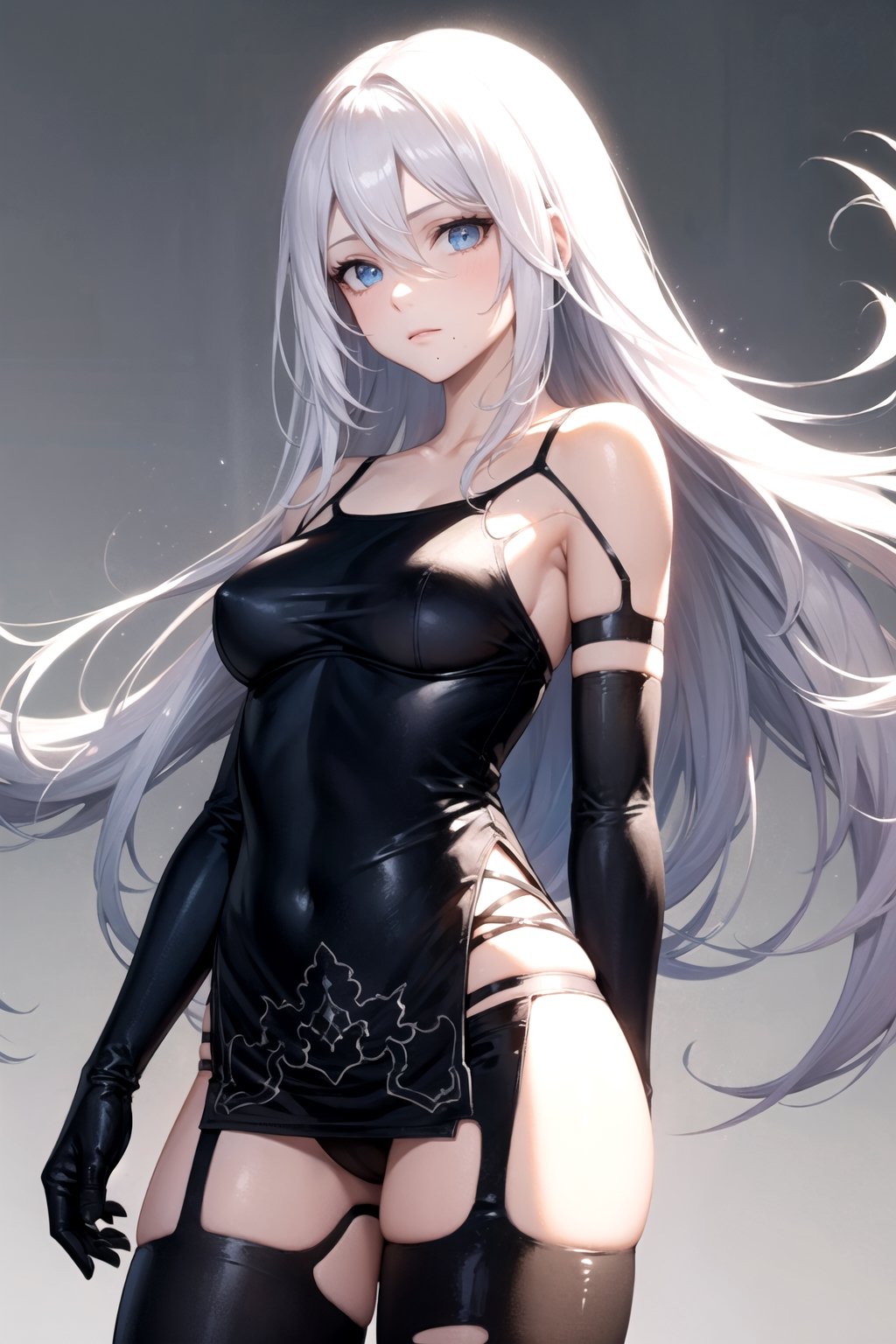 //Quality,
masterpiece, best quality
,//Character,
1girl, solo
,//Fashion,
,//Background,
white_background, simple_background, blank_background
,//Others,
,phSaber, ,a2_nierautomata, gloves, black gloves, elbow gloves, mole, tank top, hair between eyes, white hair, cowboy_shot