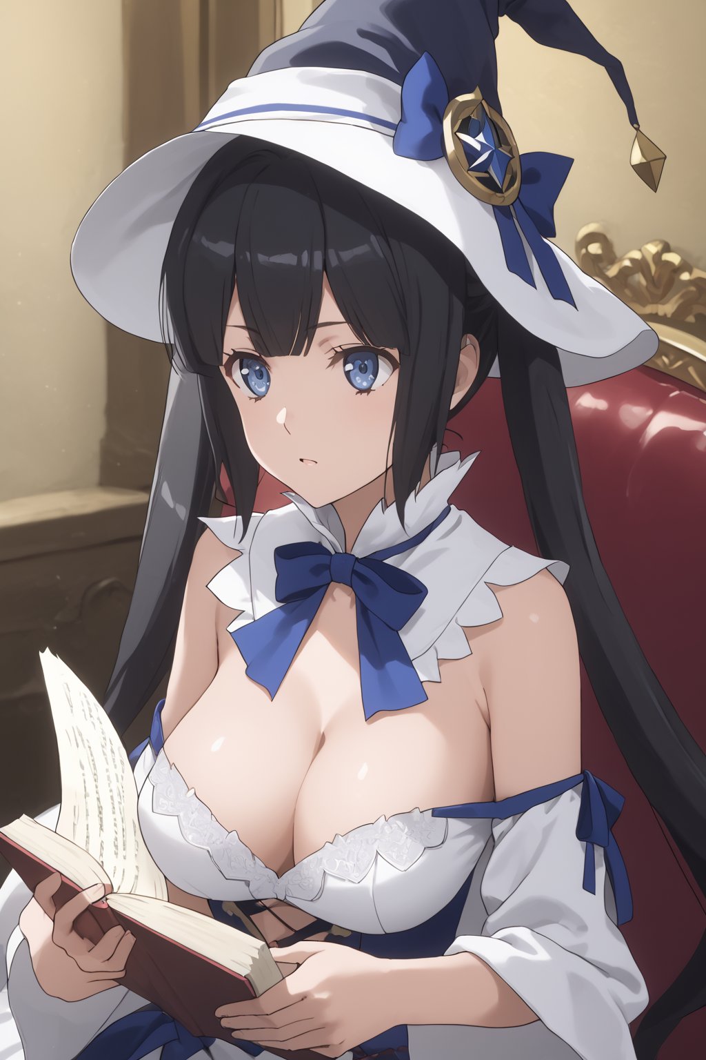masterpiece, best quality, highres
,//Character, 
1girl,hestia, black hair, blue eyes,
twin tails/long hair, hair ornament
,//Fashion, 

,//Background, 
,//Others, ,Expressiveh, 
A girl in a witch's hat reading a large, ancient grimoire, magical symbols floating around her in a swirling pattern.