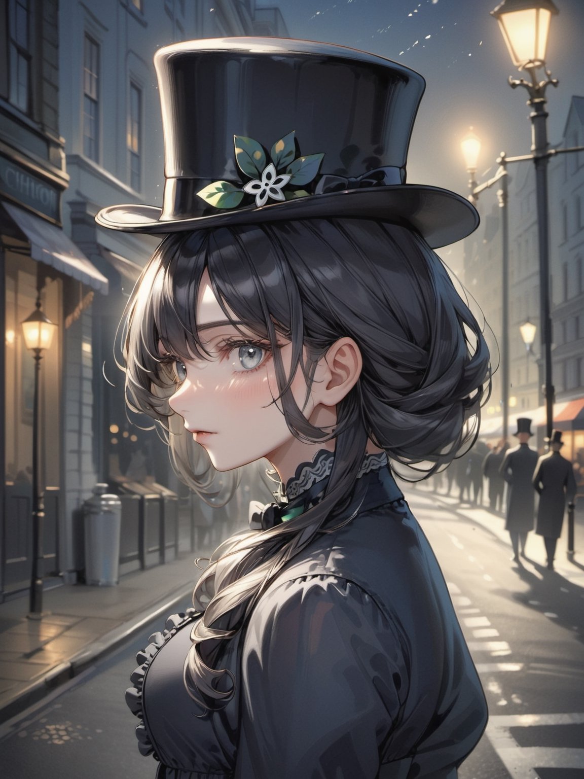 (Masterpiece, Best quality), (exterior night, image of a man, thin with very marked cheekbones, an aquiline nose and penetrating gray eyes, wearing elegant Victorian-era clothing, black clothes, a very dark gray top hat, outside at night on the street of old London) (finely detailed eyes), (finely detailed eyes and detailed face), (Extremely detailed CG, Ultra detailed, Best shadow), Beautiful conceptual illustration, full body, (illustration), (extremely fine and detailed), (Perfect details), (Depth of field)