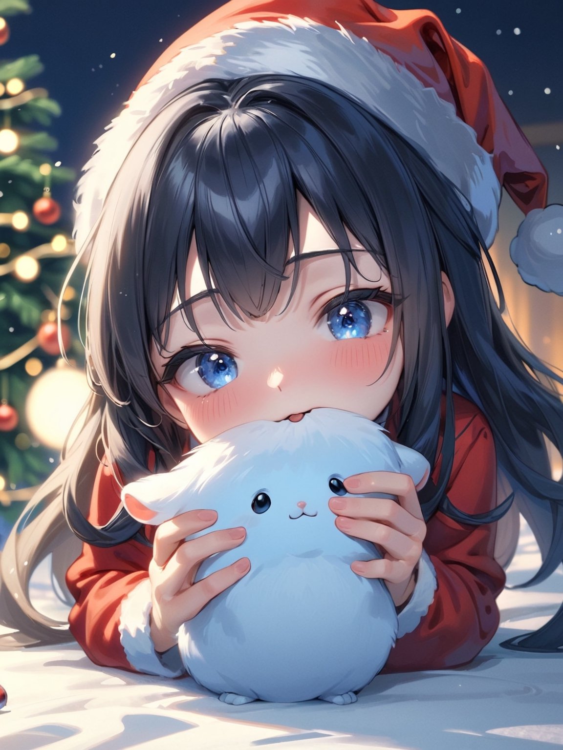 ultra realistic 8k cg, cinematic lighting, cool face, cool eyes, Santa playing with a hamster, sloppy face, shigure \(blue archive\)