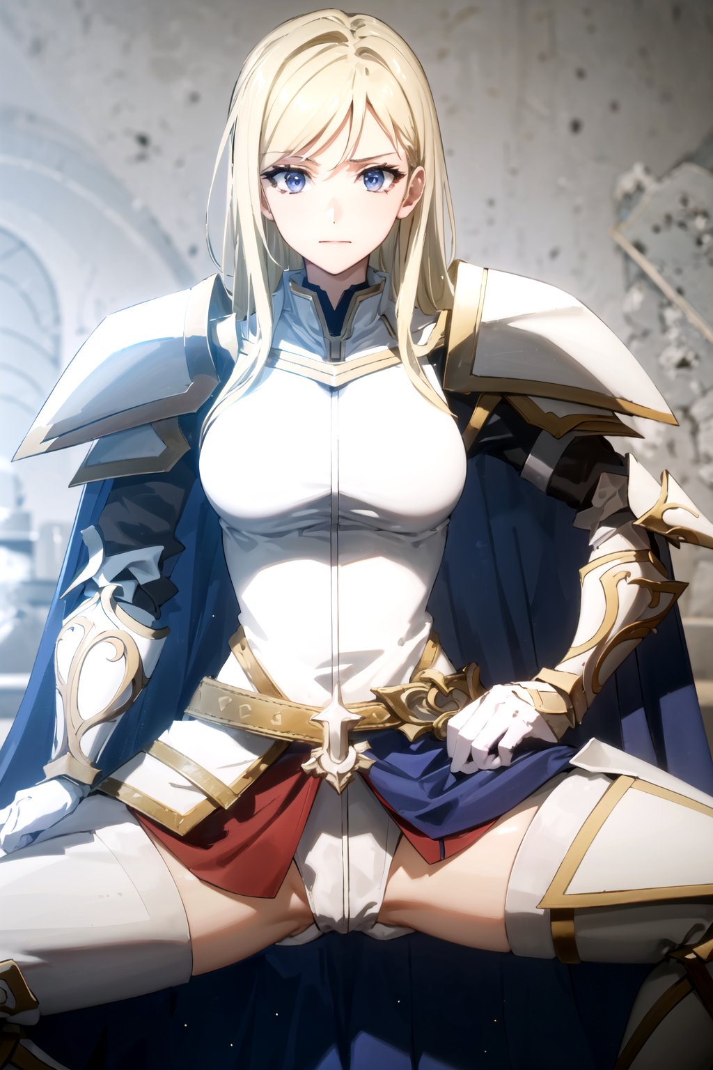 //Quality,
masterpiece, best quality
,//Character,
1girl, solo
,//Fashion, 
,//Background,
white_background
,//Others,
,spread legs, 
female knight, long hair, blue eyes, blonde hair, cape, armor, shoulder armor, gauntlets, pauldrons, breastplate, knight