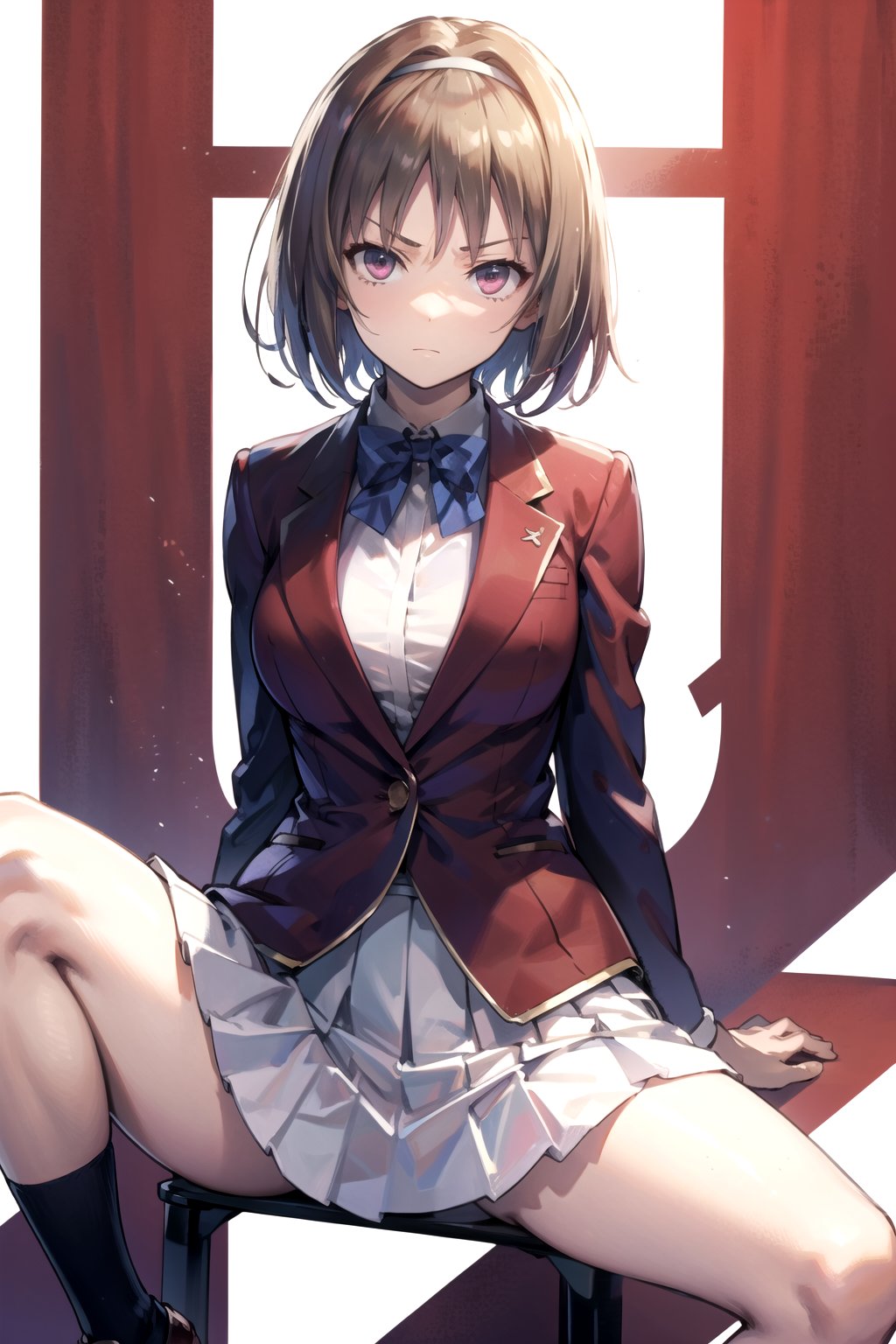 //Quality,
masterpiece, best quality
,//Character,
1girl, solo
,//Fashion, 
,//Background,
white_background
,//Others,
,spread legs, 
,aakikyo, short hair, hair intakes, white hairband, blue bowtie, collared shirt, blazer, red jacket, long sleeves, white skirt, pleated skirt, serious, looking at viewer