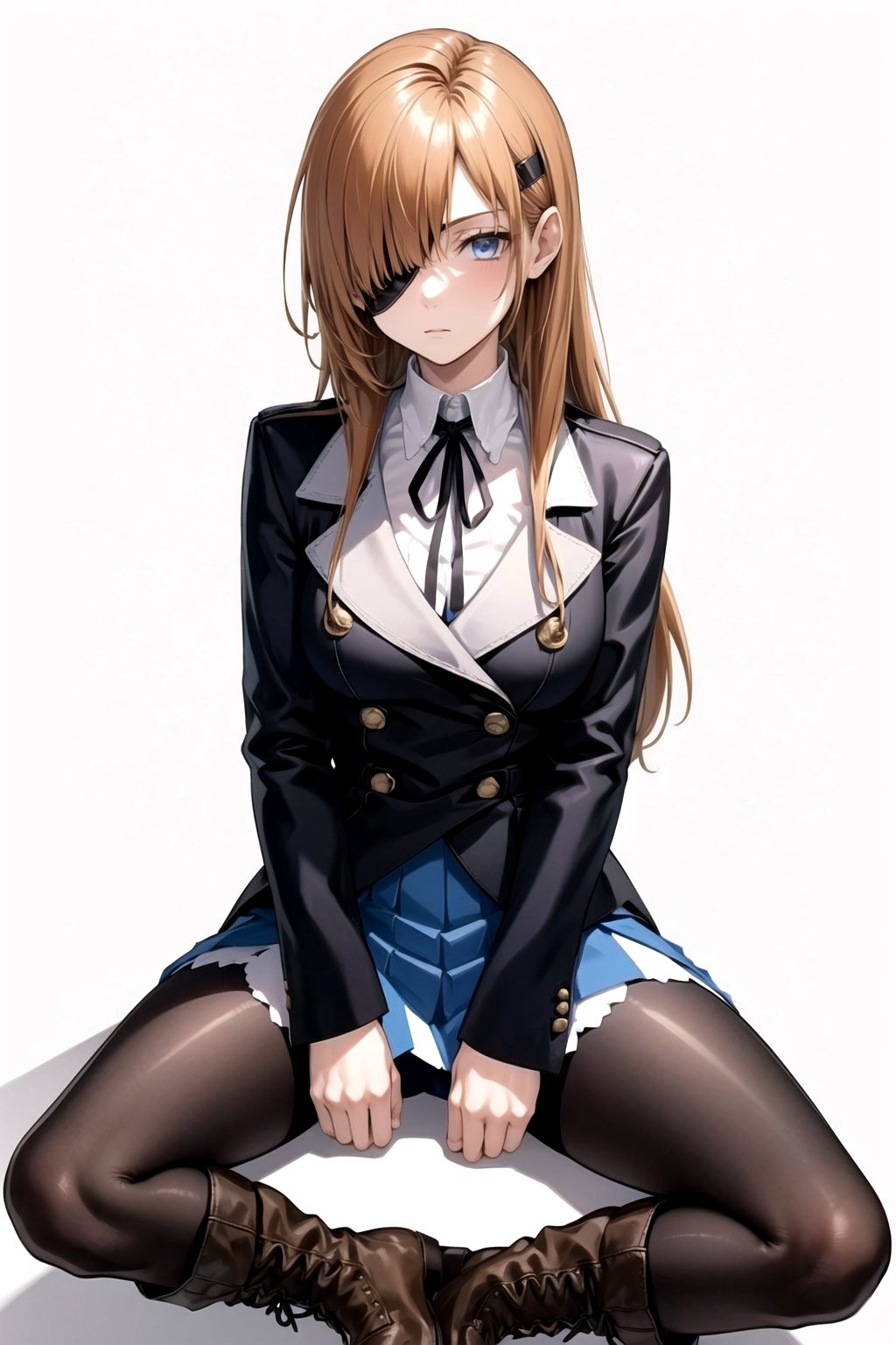 //Quality,
masterpiece, best quality
,//Character,
1girl, solo
,//Fashion, 
,//Background,
white_background
,//Others,
,spread legs
,Ophelia, long hair, blue eyes, skirt, brown hair, shirt, long sleeves, ribbon, jacket, white shirt, pantyhose, boots, collared shirt, blue skirt, black jacket, black pantyhose, black ribbon, neck ribbon, brown footwear, eyepatch, knee boots