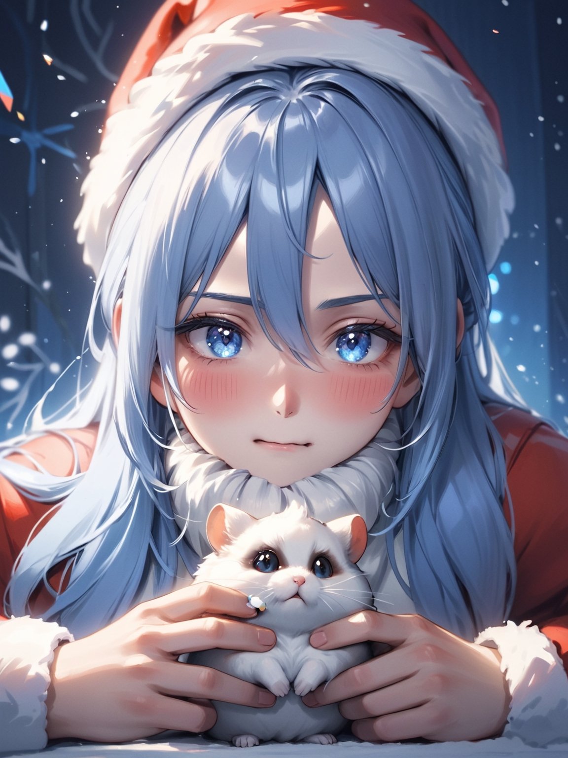 ultra realistic 8k cg, cinematic lighting, cool face, cool eyes, Santa playing with a hamster, sloppy face, shigure \(blue archive\)