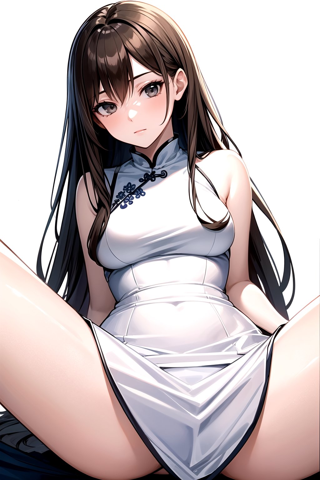 //Quality,
masterpiece, best quality
,//Character,
1girl, solo
,//Fashion, 
,//Background,
white_background
,//Others,
,spread legs, brown hair, long hair (white Chinese dress), alone, beautiful woman, long skirt