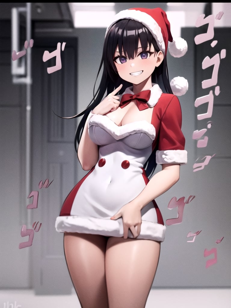 //Quality,
masterpiece, 8k, 8k UHD, best quality, ultra detailed, 
,//Character,
1girl, cowboy_shot, looking_at_viewer, grin, Hayase Nagatoro \(Ijiranaide Nagatoro-san Series\)
,//Fashion,
santa_costume, 
,//Background,
winter, indoors,
,//Others,
,MenacingJojo, text