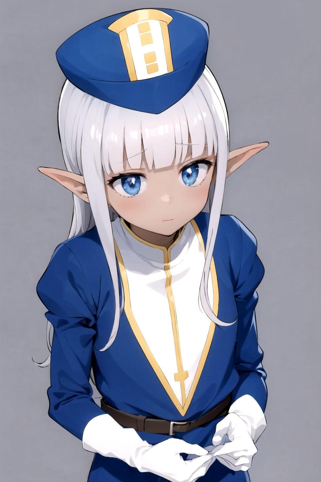 masterpiece, best quality
,//Character,
1girl, solo
,//Fashion, 
,//Background,
white_background, simple_background, blank_background
,//Others,
,Karla (kono healer mendokusai), white_hair, dark skin, dark-skinned female, blue headwear, leather_belt, blue_pants, tunic, blue_tunic, stole, blue_sleeves, white_gloves, blue_eyes, elf_ears, straight_hair, hime_cut, and blunt_bangs