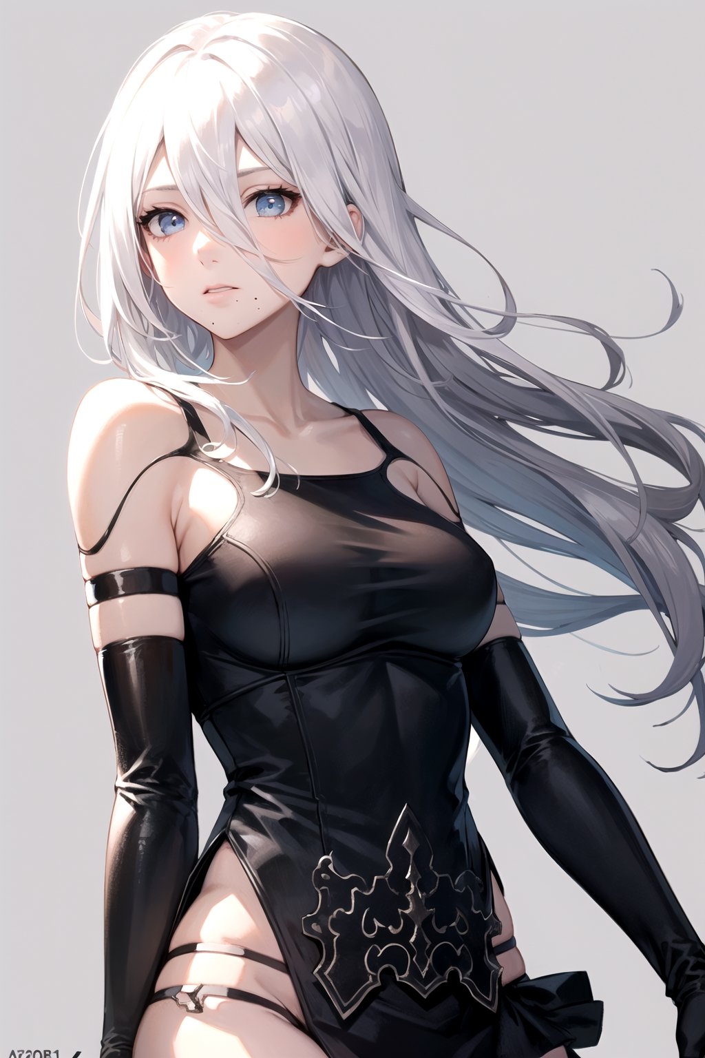 //Quality,
masterpiece, best quality
,//Character,
1girl, solo
,//Fashion,
,//Background,
white_background, simple_background, blank_background
,//Others,
,phSaber, ,a2_nierautomata, gloves, black gloves, elbow gloves, mole, tank top, hair between eyes, white hair