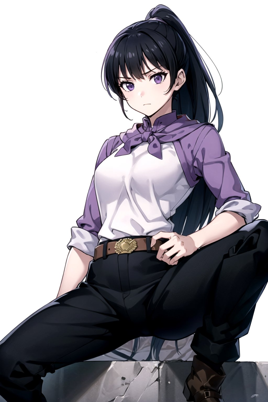 //Quality,
masterpiece, best quality
,//Character,
1girl, solo
,//Fashion, 
,//Background,
white_background
,//Others,
,spread legs, 
,FighterGS, 1girl, solo, long hair, black hair, purple eyes, ponytail, shirt, black pants