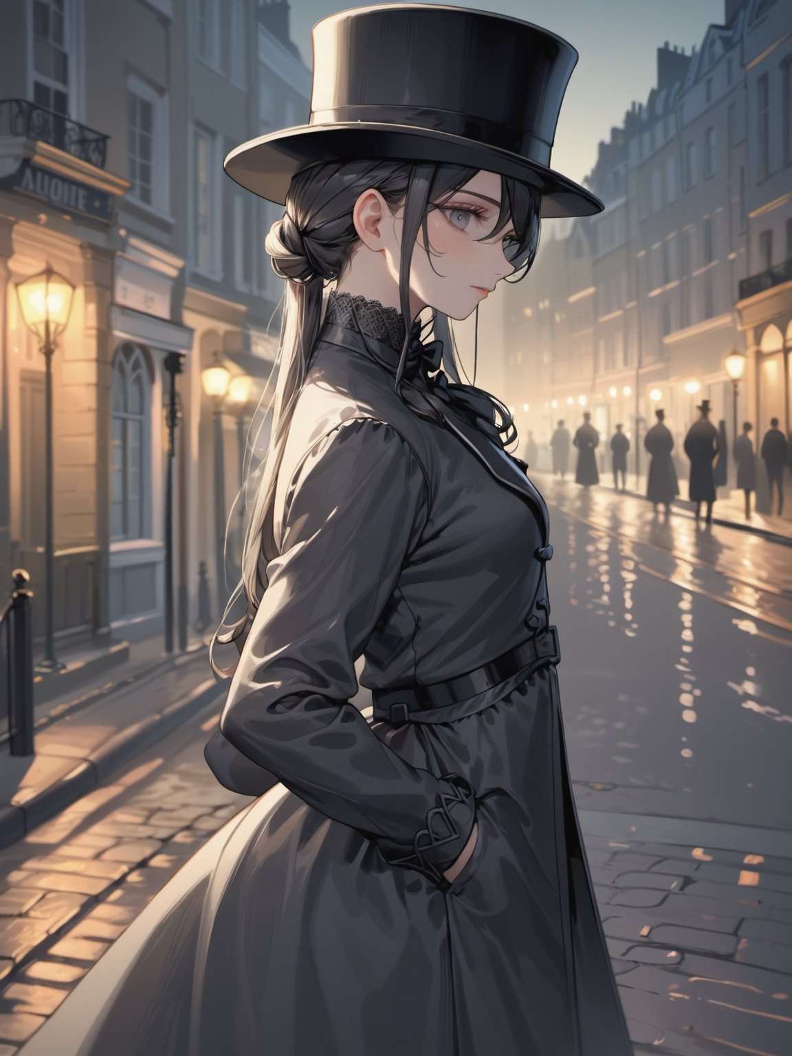 (Masterpiece, Best quality), (exterior night, image of a man, thin with very marked cheekbones, an aquiline nose and penetrating gray eyes, wearing elegant Victorian-era clothing, black clothes, a very dark gray top hat, outside at night on the street of old London) (finely detailed eyes), (finely detailed eyes and detailed face), (Extremely detailed CG, Ultra detailed, Best shadow), Beautiful conceptual illustration, full body, (illustration), (extremely fine and detailed), (Perfect details), (Depth of field)