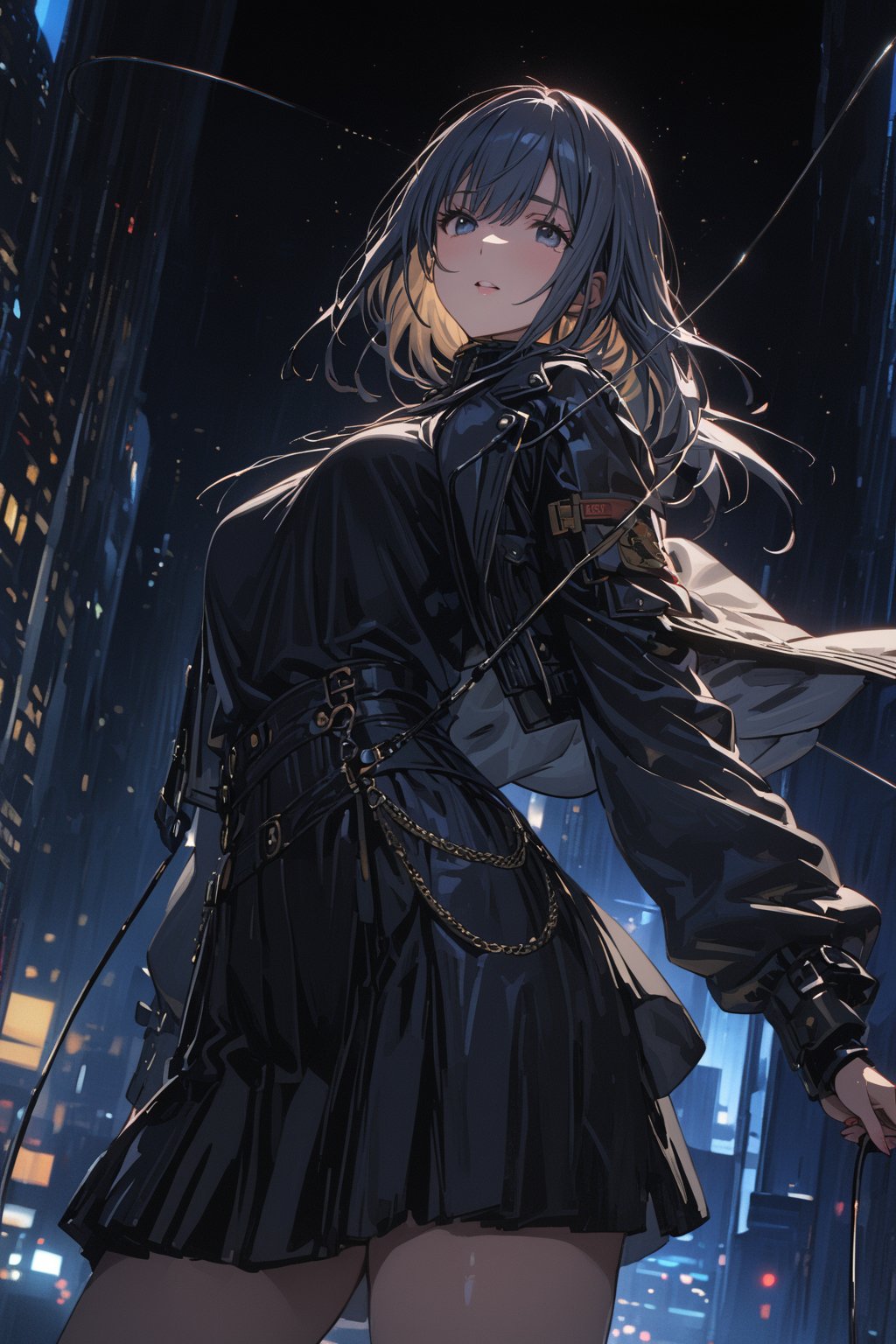 masterpiece, best quality, 8k, 8k UHD, ultra-high resolution, ultra-high definition, highres, cinematic lighting
,//Character, 
1girl, solo
,//Fashion, 
,//Background, 
,//Others, ,Expressiveh, hentai, 
A woman performing a high-wire act between skyscrapers, city lights twinkling far below.