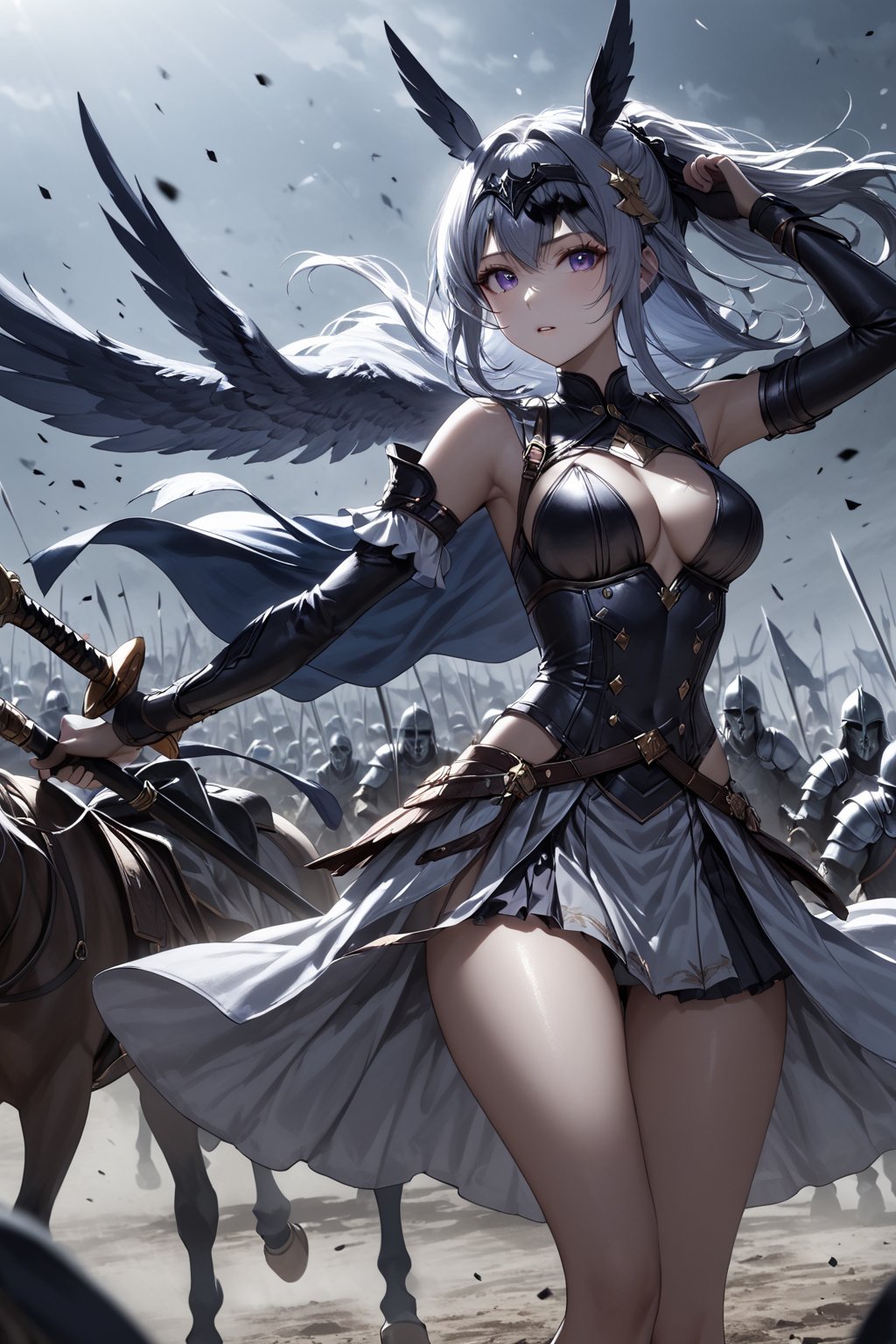 masterpiece, best quality, 8k, 8k UHD, ultra-high resolution, ultra-high definition, highres, cinematic lighting
,//Character, 
1girl, solo
,//Fashion, 
,//Background, 
,//Others, ,Expressiveh, hentai, 
A girl dressed as a valkyrie, riding a spectral horse through a battlefield filled with undead warriors.