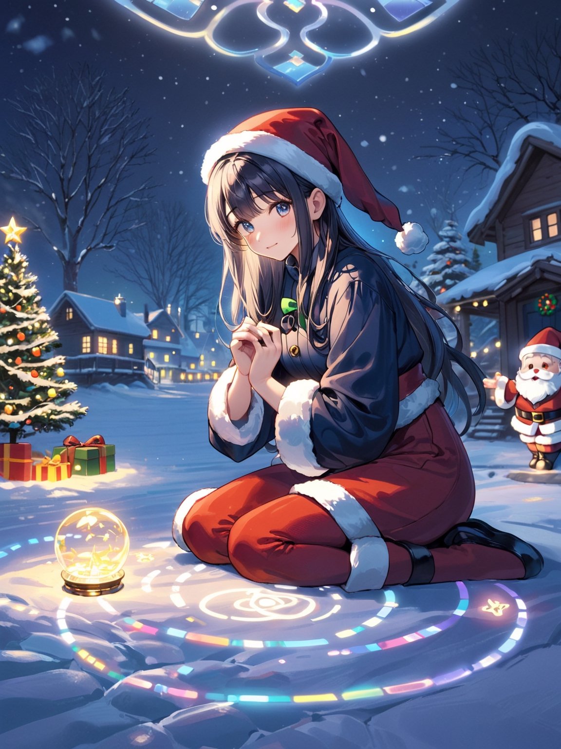 (masterpiece, top quality, best quality, highres, extremely detailed CG, 8k:1.2),
(Illustration, focus, perfect lighting, :1.0), (official art, beautiful and aesthetic:1.0), 
santa, night with bright colorful lights, When the magic circle on the ground is activated, Santa sitting,shigure \(blue archive\)