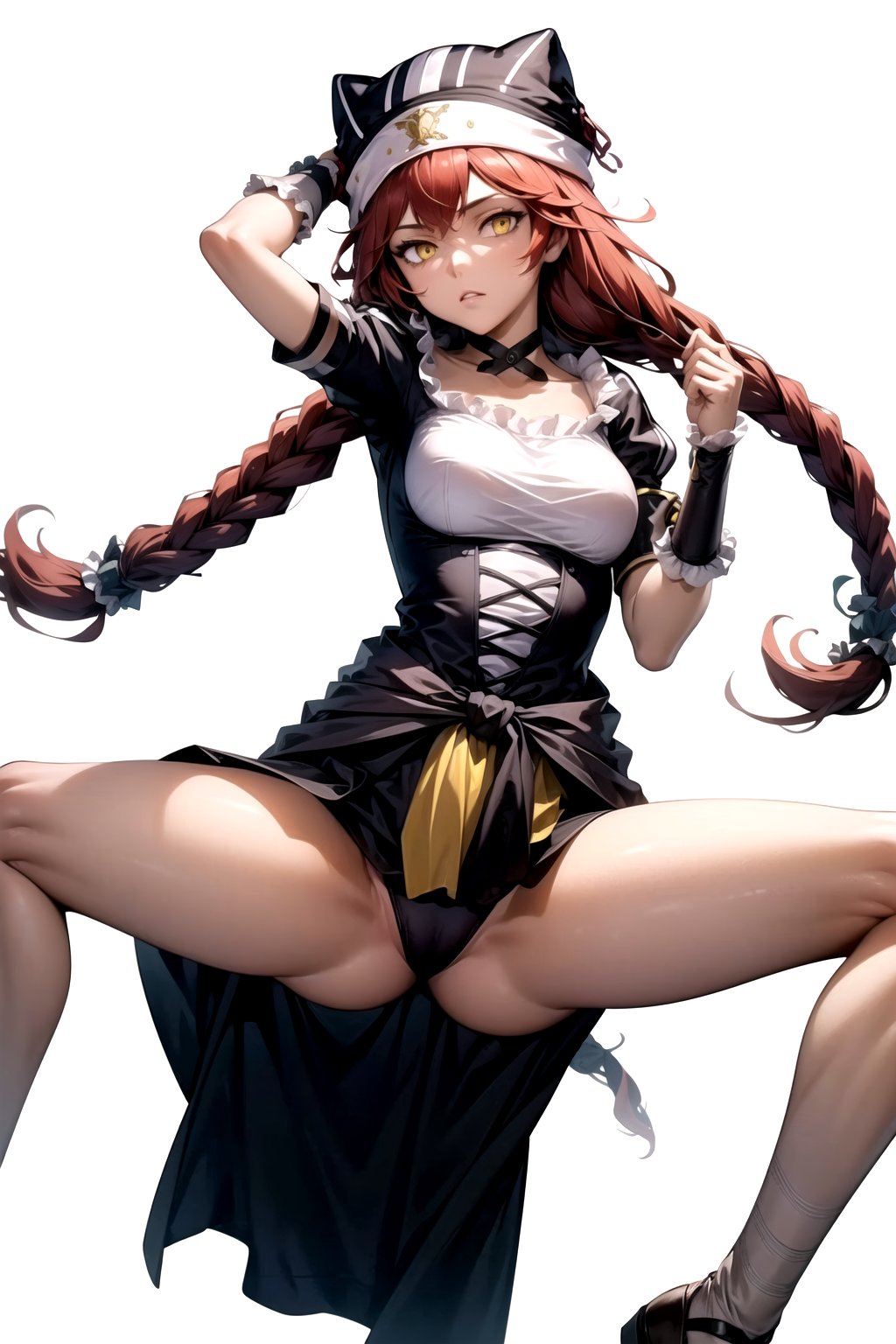 //Quality,
masterpiece, best quality
,//Character,
1girl, solo
,//Fashion, 
,//Background,
white_background
,//Others,
,spread legs
,lupusregina, red hair, long hair, twin braids, yellow eyes, dark skin, choker, dress, hat, maid