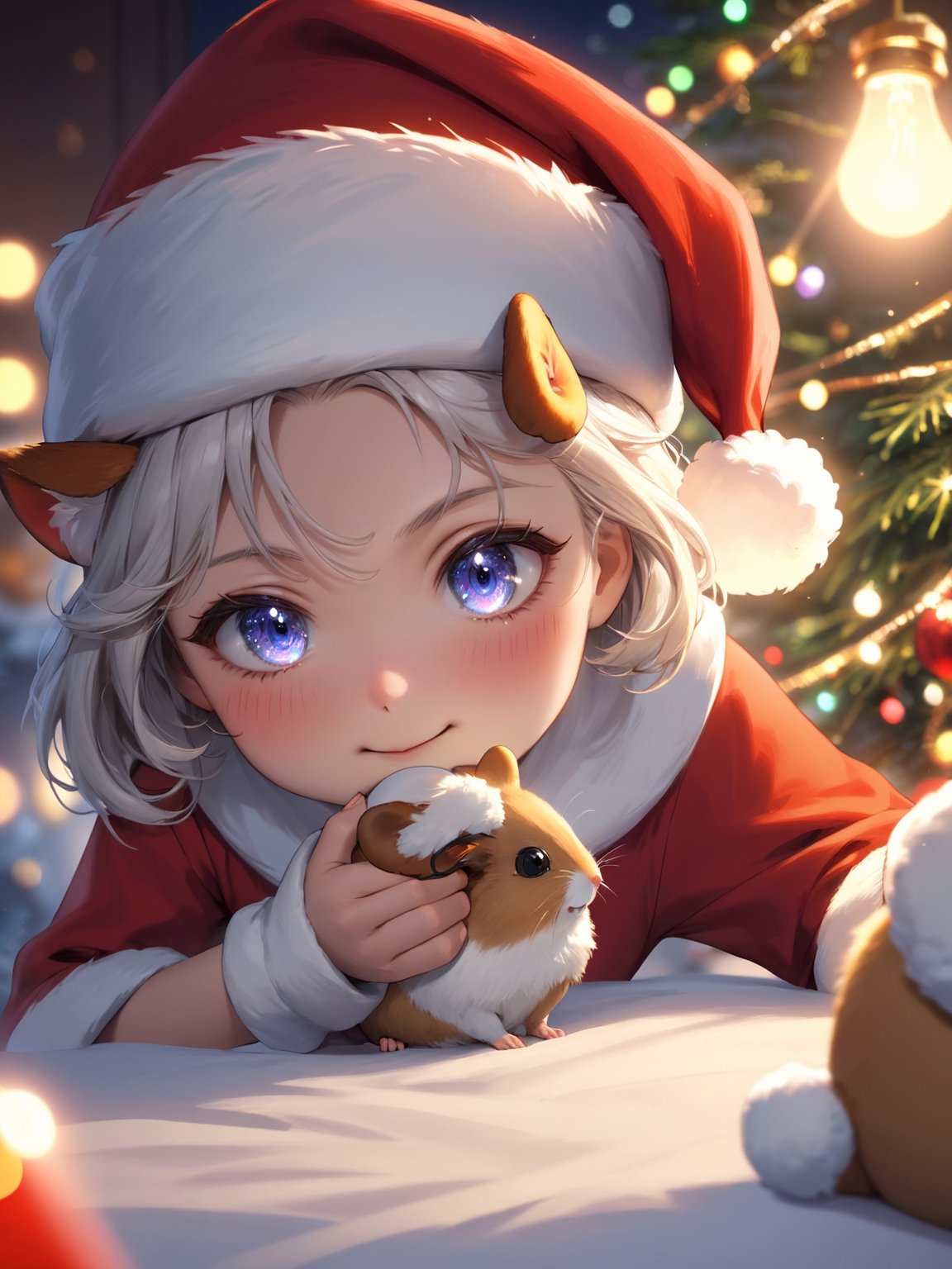 ultra realistic 8k cg, cinematic lighting, cool face, cool eyes, Santa playing with a hamster