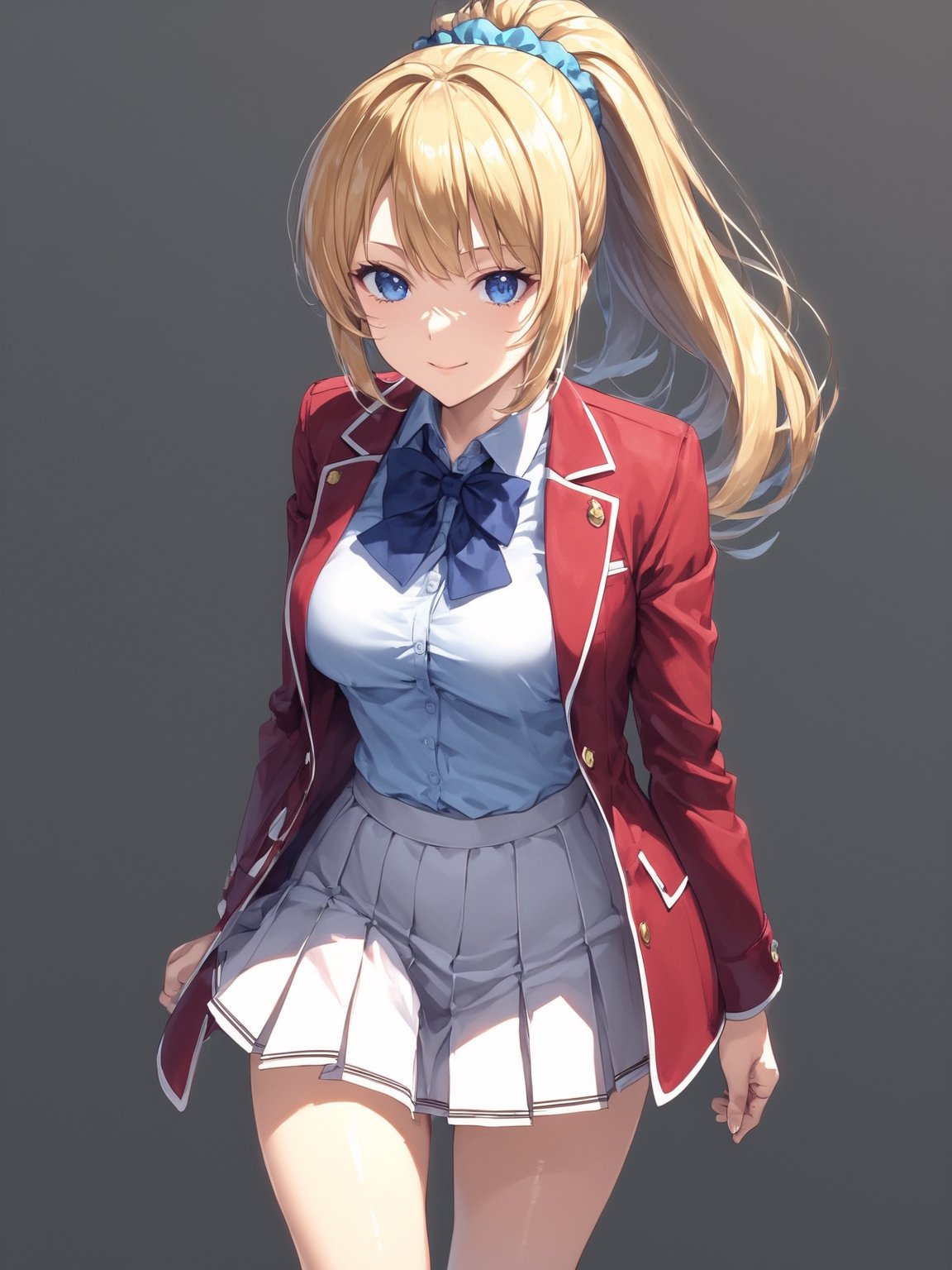 //Quality, masterpiece, best quality, detailmaster2, 8k, 8k UHD, ultra-high resolution, ultra-high definition, highres,
//Character, 1girl, solo, ,
//Fashion,
//Background, white_background,
//Others, ,KaruizawaKei, blue eyes, blonde hair, ponytail, bangs, breasts, hair ornament,
school uniform, red jacket, open jacket, hair scrunchie, bowtie, white skirt, pleated skirt, kneehighs, white socks, shoes,Expressiveh concept art,dark theme