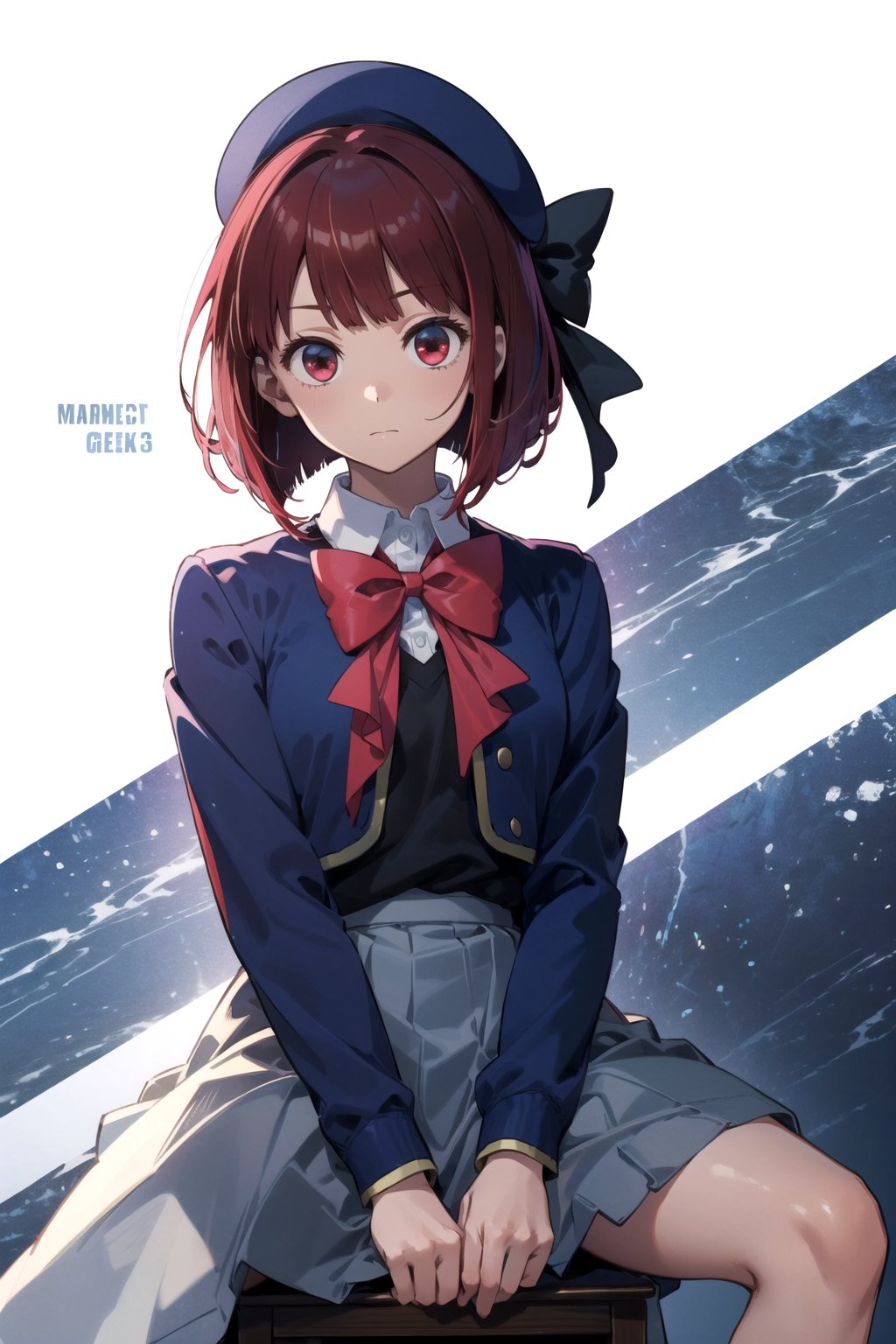 //Quality,
masterpiece, best quality
,//Character,
1girl, solo
,//Fashion, 
,//Background,
white_background
,//Others,
,spread legs, 
,aakana, short hair, beret, red eyes, blue headwear, red bowtie, collared shirt, blue jacket, open jacket, long sleeves, grey skirt