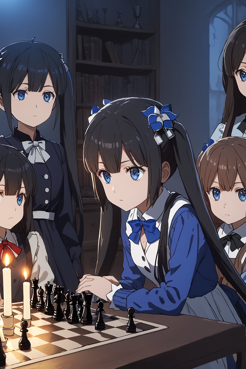 masterpiece, best quality, highres
,//Character, 
1girl,hestia, black hair, blue eyes,
twin tails/long hair, hair ornament
,//Fashion, 

,//Background, 
,//Others, ,Expressiveh, 
A group of children playing chess in a dimly lit study, with eerie shadows cast by candlelight and a portrait of Beatrice watching over them.