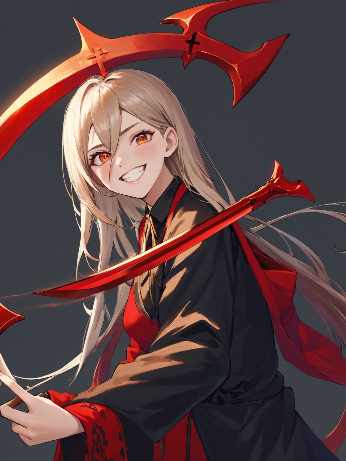 //Quality,
photo r3al, detailmaster2, masterpiece, photorealistic, 8k, 8k UHD, best quality, ultra realistic, ultra detailed, hyperdetailed photography, real photo
,//Character,
1girl, solo
,//Fashion,
,//Background,
,//Others,
,powerdef, sharp teeth, grin, holding scythe, red scythe, cross-shaped pupils