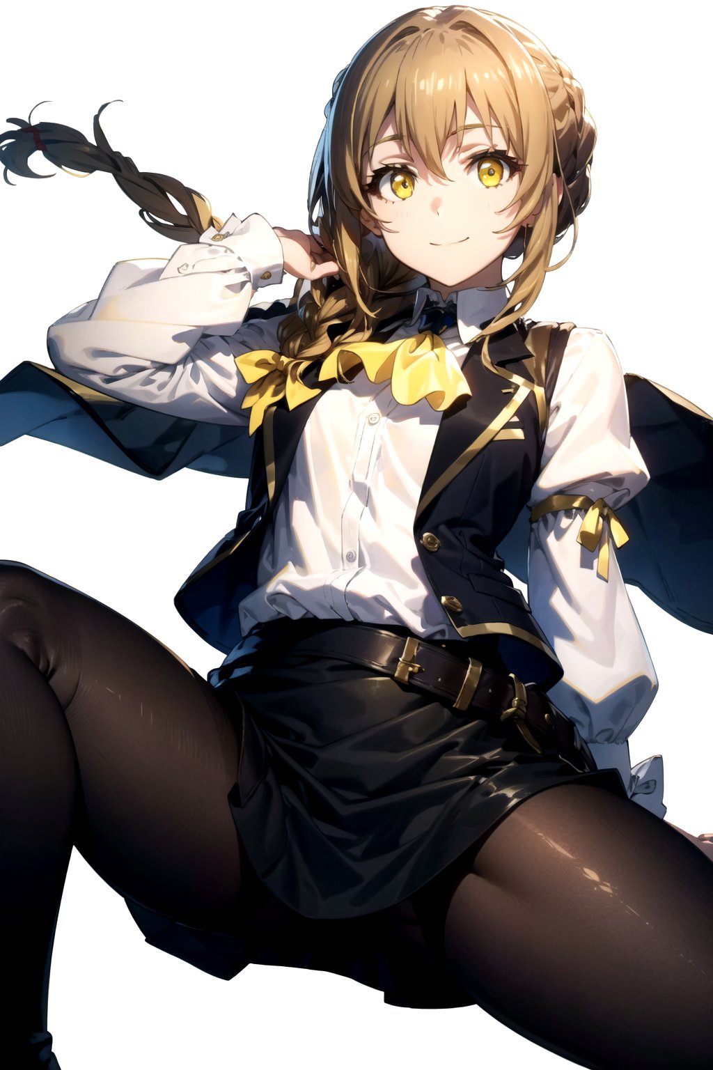 //Quality,
masterpiece, best quality
,//Character,
1girl, solo
,//Fashion, 
,//Background,
white_background
,//Others,
,spread legs, 
,guild girl, long hair, brown hair, (yellow eyes:1.5), braid, single braid, smile,BREAK skirt, shirt, long sleeves, white shirt, pantyhose, black skirt, vest, long skirt, yellow ribbon, ascot, yellow ascot