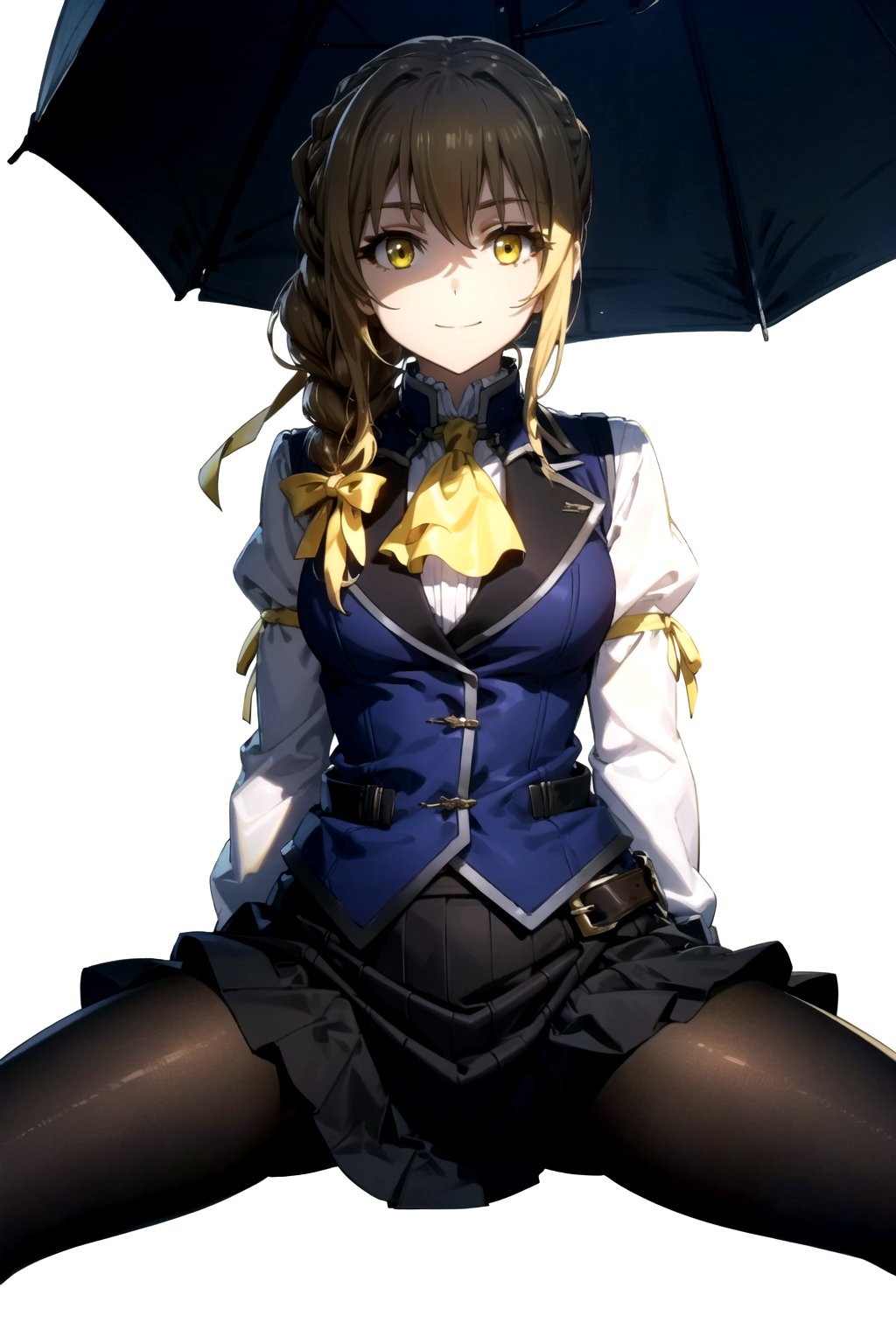 //Quality,
masterpiece, best quality
,//Character,
1girl, solo
,//Fashion, 
,//Background,
white_background
,//Others,
,spread legs, 
,guild girl, long hair, brown hair, (yellow eyes:1.5), braid, single braid, smile,BREAK skirt, shirt, long sleeves, white shirt, pantyhose, black skirt, vest, long skirt, yellow ribbon, ascot, yellow ascot