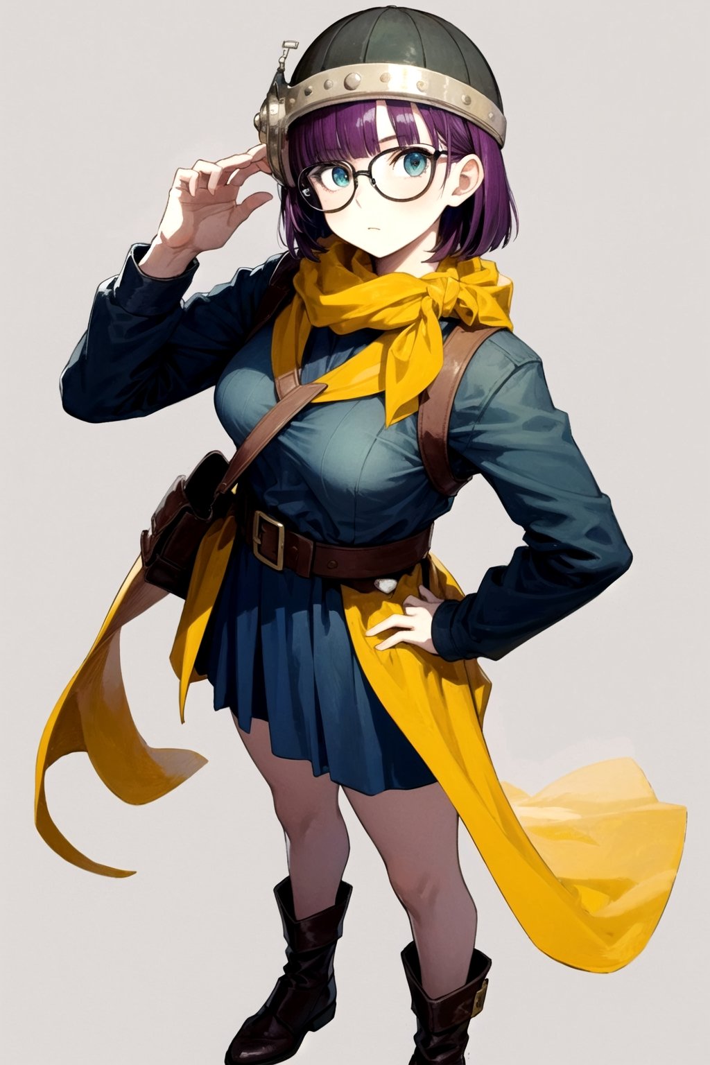 //Quality,
masterpiece, best quality
,//Character,
1girl, solo
,//Fashion,
,//Background,
white_background, simple_background, blank_background
,//Others,
,Lucca_CT, purple hair, short hair, helmet, glasses, standing, yellow scarf,