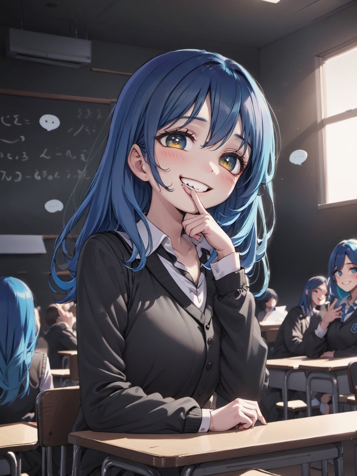 illustration, school uniform, grin, a hand cover mouth, opened clothes, foot, low angle, moody lighting, atmospheric, black background, cowboy shot, sit on desk, in class room, 
blue hair, “ざ～こ” with a cartoon-style speech bubble, looking down with half an eye,blue hair