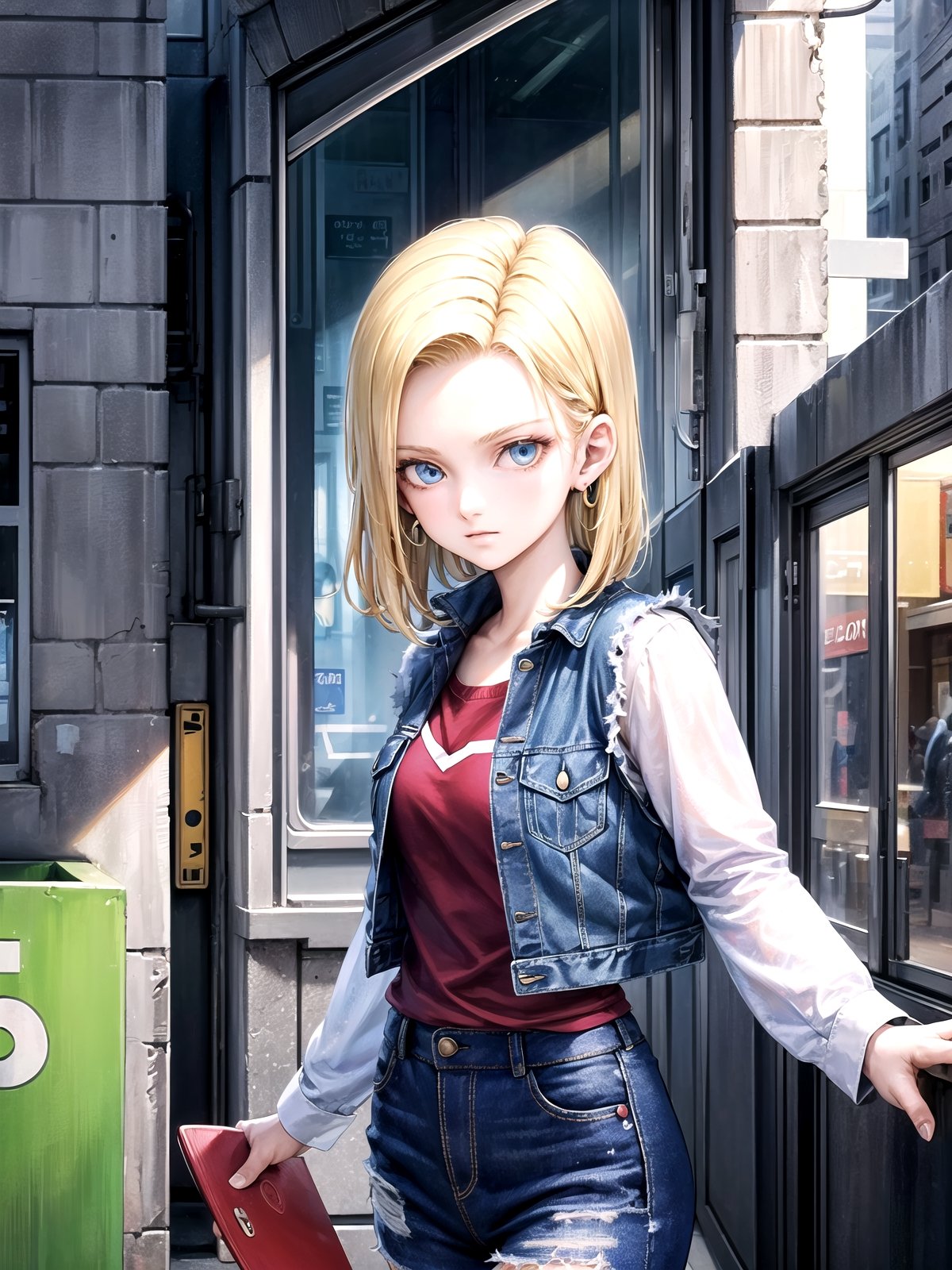 //Quality,
masterpiece, best quality
,//Character,
1girl, solo
,//Fashion,
,//Background,
,//Others,
Android18DB,striped_sleeves,long_sleeves, denim_jacket,vest,earrings, superpower