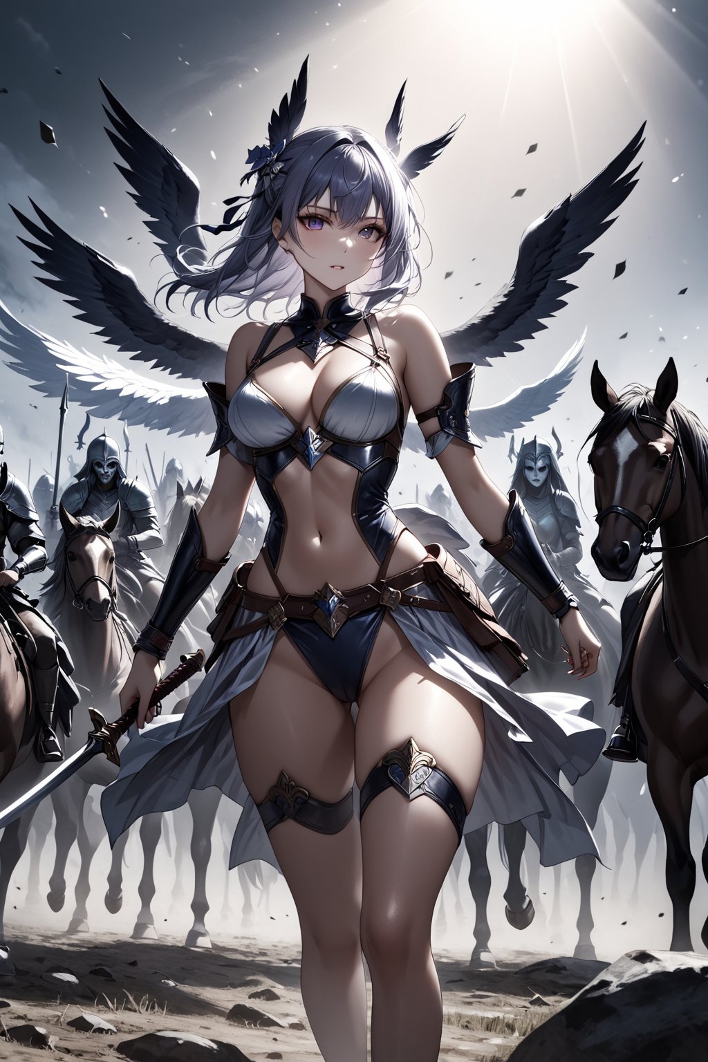 masterpiece, best quality, 8k, 8k UHD, ultra-high resolution, ultra-high definition, highres, cinematic lighting
,//Character, 
1girl, solo
,//Fashion, 
,//Background, 
,//Others, ,Expressiveh, hentai, 
A girl dressed as a valkyrie, riding a spectral horse through a battlefield filled with undead warriors.