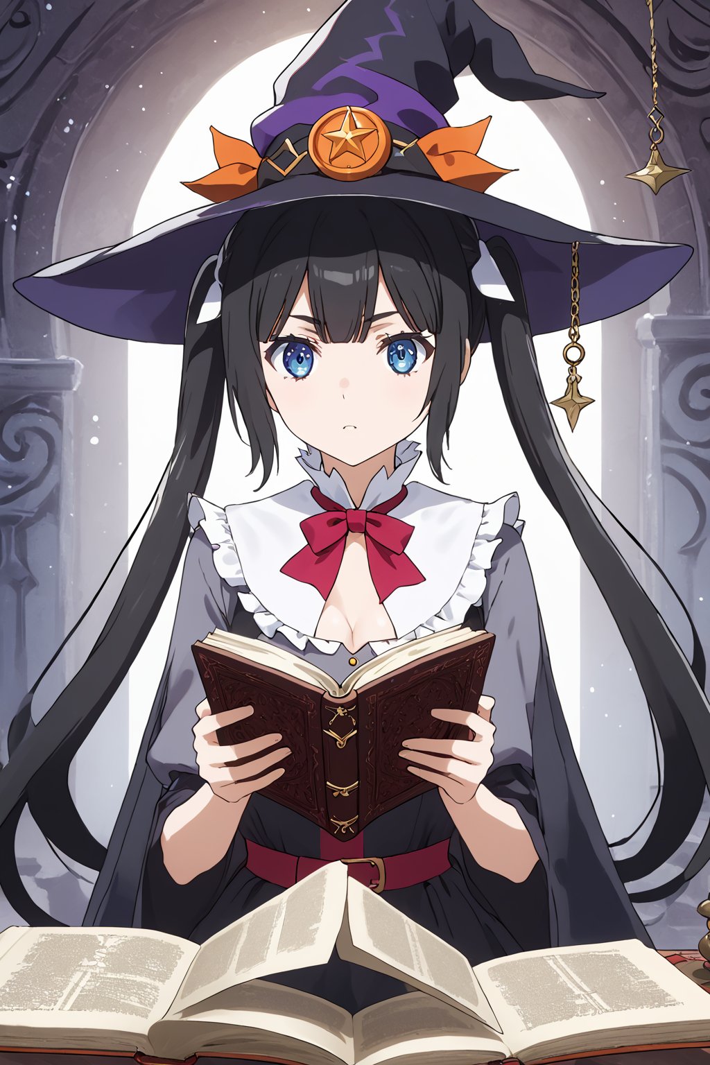 masterpiece, best quality, highres
,//Character, 
1girl,hestia, black hair, blue eyes,
twin tails/long hair, hair ornament
,//Fashion, 

,//Background, 
,//Others, ,Expressiveh, 
A girl in a witch's hat reading a large, ancient grimoire, magical symbols floating around her in a swirling pattern.