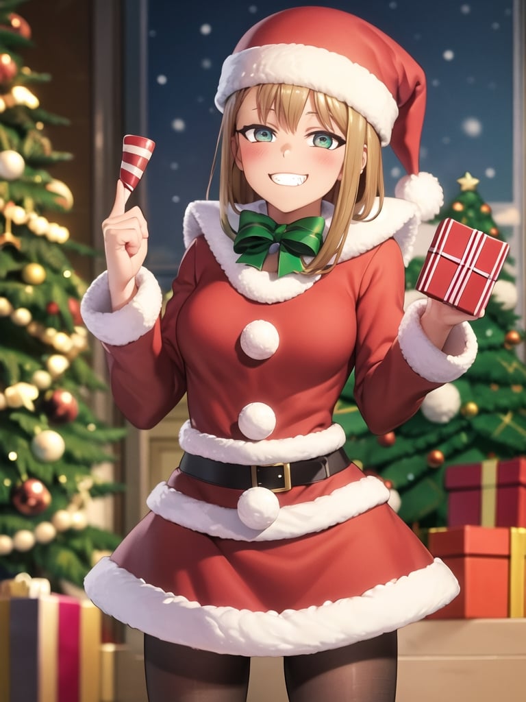 //Quality,
masterpiece, 8k, 8k UHD, best quality, ultra detailed, 
//Character,
cowboy_shot, looking_at_viewer, grin,
//Fashion,
santa_costume, 
//Background,
winter, indoors,
//Others,
(christmas gift)