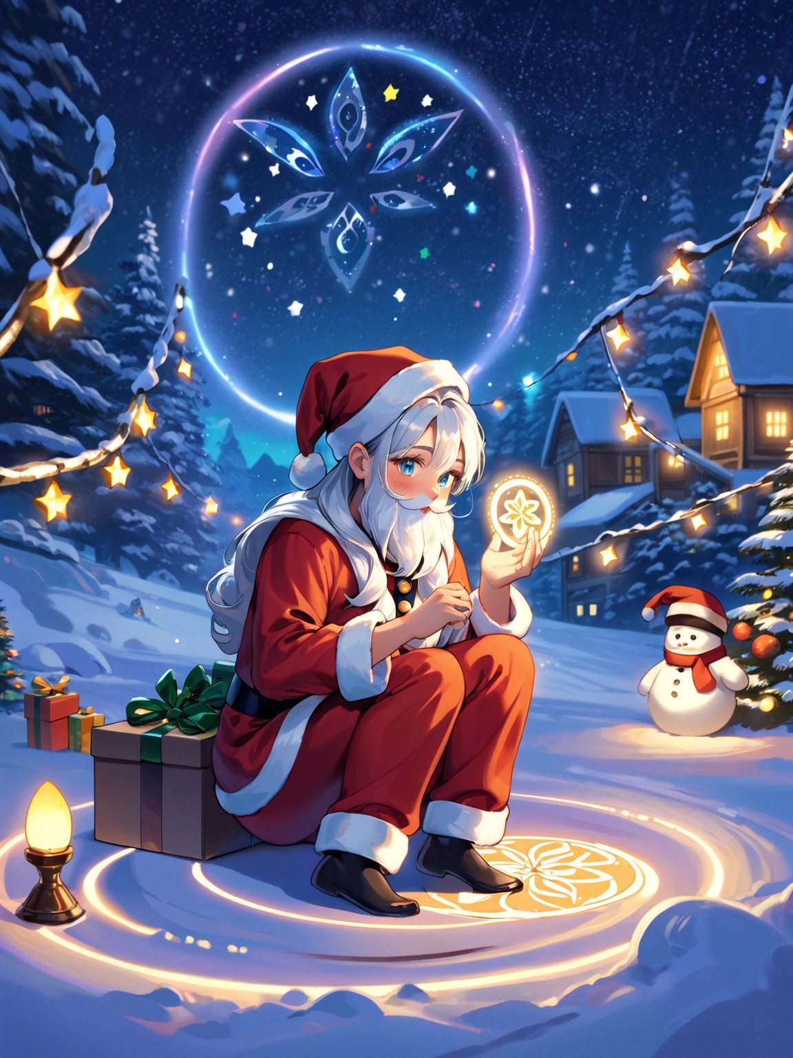 (masterpiece, top quality, best quality, highres, extremely detailed CG, 8k:1.2),
(Illustration, focus, perfect lighting, :1.0), (official art, beautiful and aesthetic:1.0), 
santa, night with bright colorful lights, When the magic circle on the ground is activated, Santa sitting,shigure \(blue archive\)