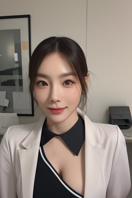 uniforms,thick_eyebrows,cleavage cutout,realistic,photorealistic,4k,high res,detailed,high detail,intricate,masterpiece,taeyeonlorashy,detail face, eye to eye,model pose, office look,smile,full body,small boobs,nature