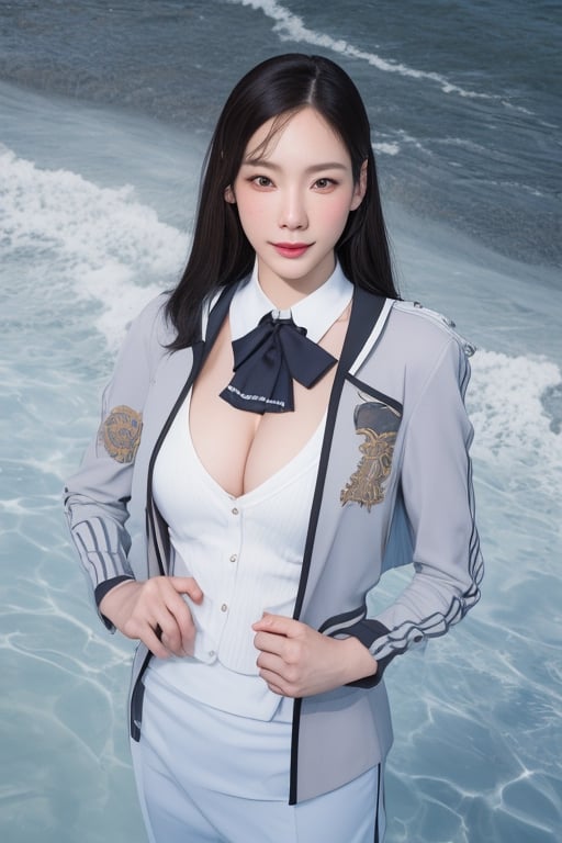 uniforms,thick_eyebrows,cleavage cutout,realistic,photorealistic,4k,high res,detailed,high detail,intricate,masterpiece,taeyeonlorashy,detail face, water, eye to eye,model pose, office look,smile,full body