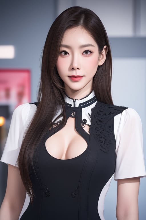 uniforms,thick_eyebrows,cleavage cutout,realistic,photorealistic,4k,high res,detailed,high detail,intricate,masterpiece,taeyeonlorashy,detail face, water, eye to eye,model pose, office look,smile,full body,little boobs